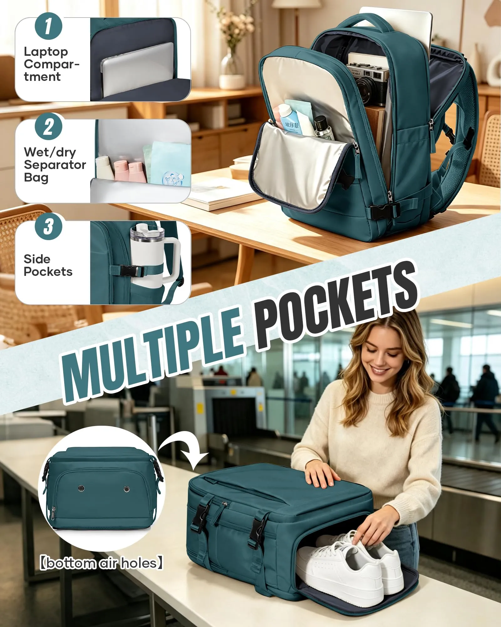 SZLX Zaino da Viaggio 40x30x20 Sottovuoto con Pompa, Bagaglio a Mano per Ryanair Wizzair Vueling, Impermeabile con Scomparto Scarpe e Laptop 14 Pollici - immagine 7