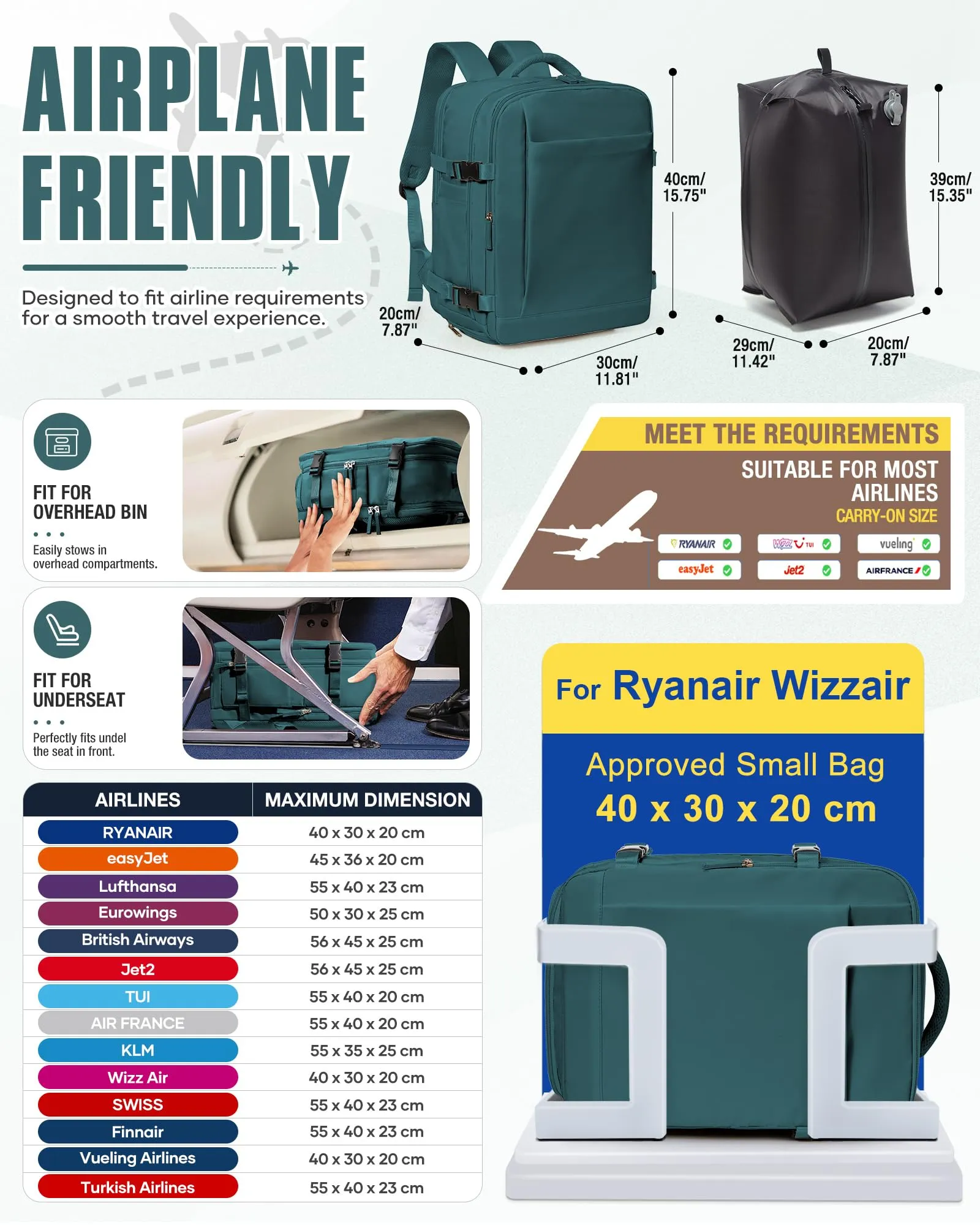 SZLX Zaino da Viaggio Sottovuoto con Pompa 40x30x20cm per Ryanair Wizzair Vueling, Impermeabile per Laptop 14 Pollici con Scomparto Scarpe - immagine 4