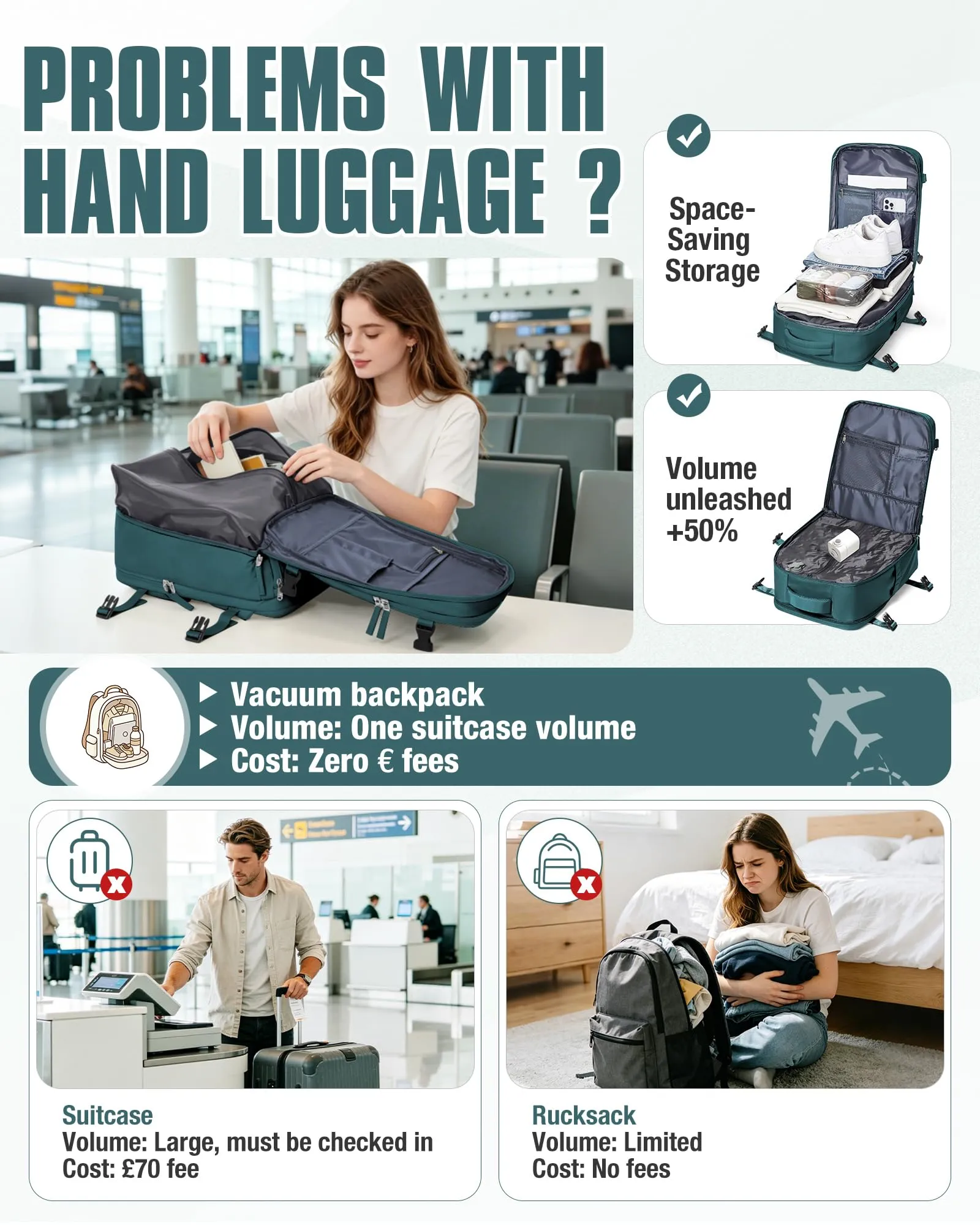 SZLX Zaino da Viaggio Sottovuoto con Pompa 40x30x20cm per Ryanair Wizzair Vueling, Impermeabile per Laptop 14 Pollici con Scomparto Scarpe - immagine 7