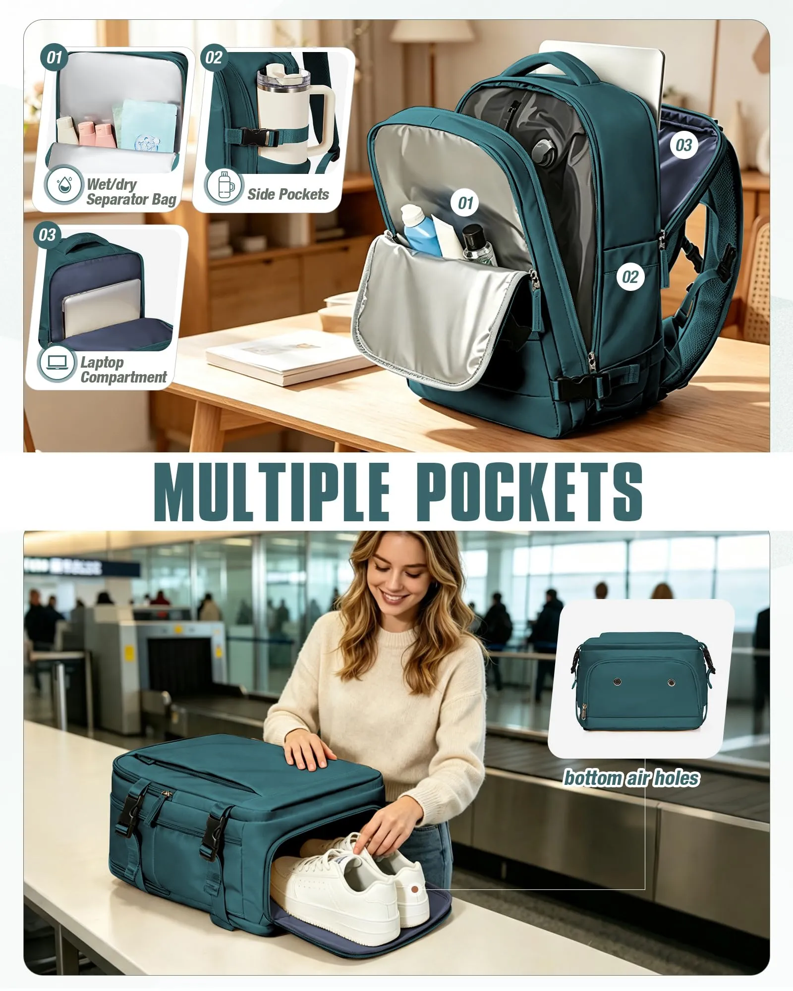 SZLX Zaino da Viaggio Sottovuoto con Pompa 40x30x20cm per Ryanair Wizzair Vueling, Impermeabile per Laptop 14 Pollici con Scomparto Scarpe - immagine 9