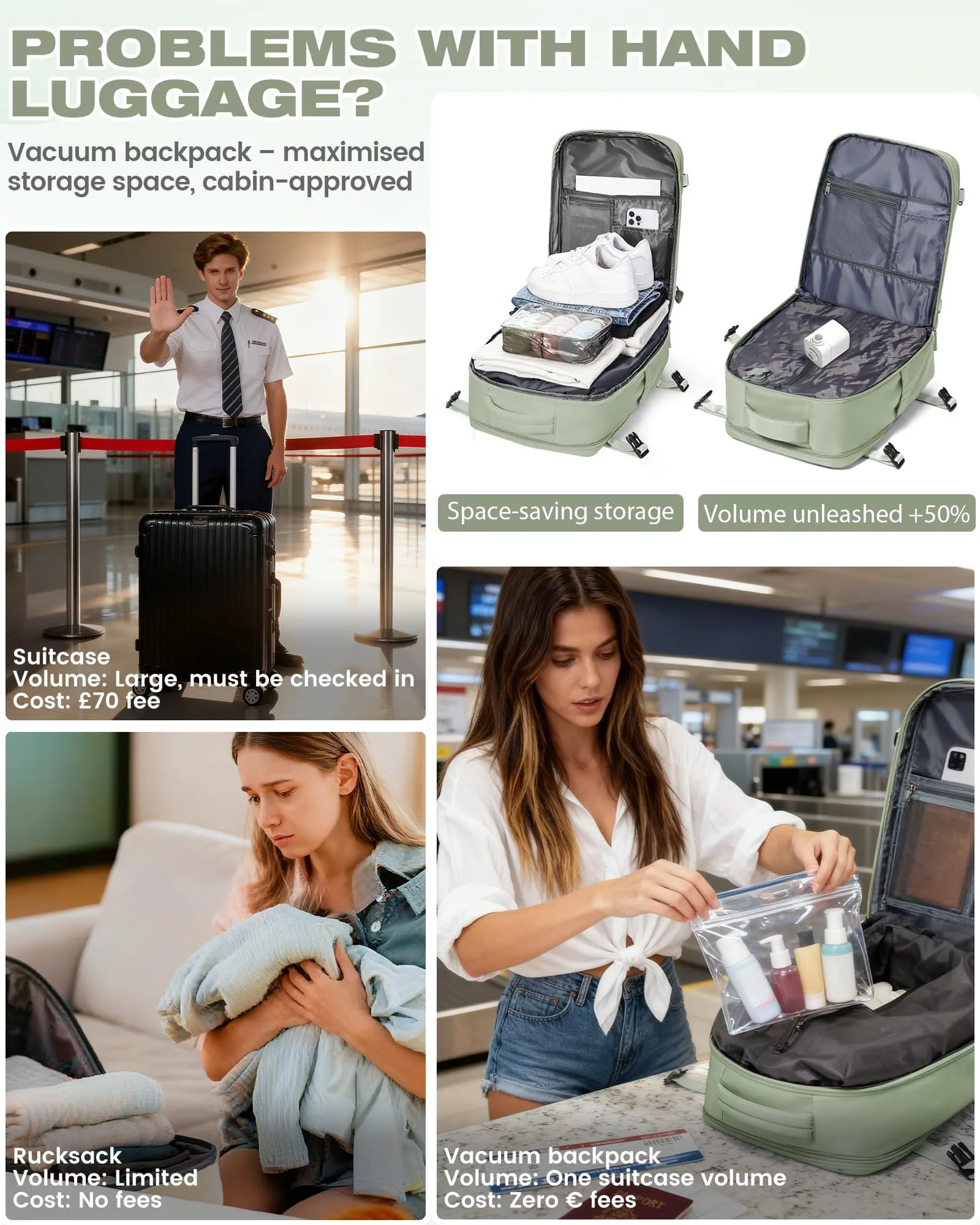 SZLX Zaino da Viaggio Sottovuoto con Pompa per Ryanair 40x30x20, Wizzair, Easyjet, Bagaglio a Mano con Scomparto Laptop 14 Pollici e Porta Scarpe - immagine 4