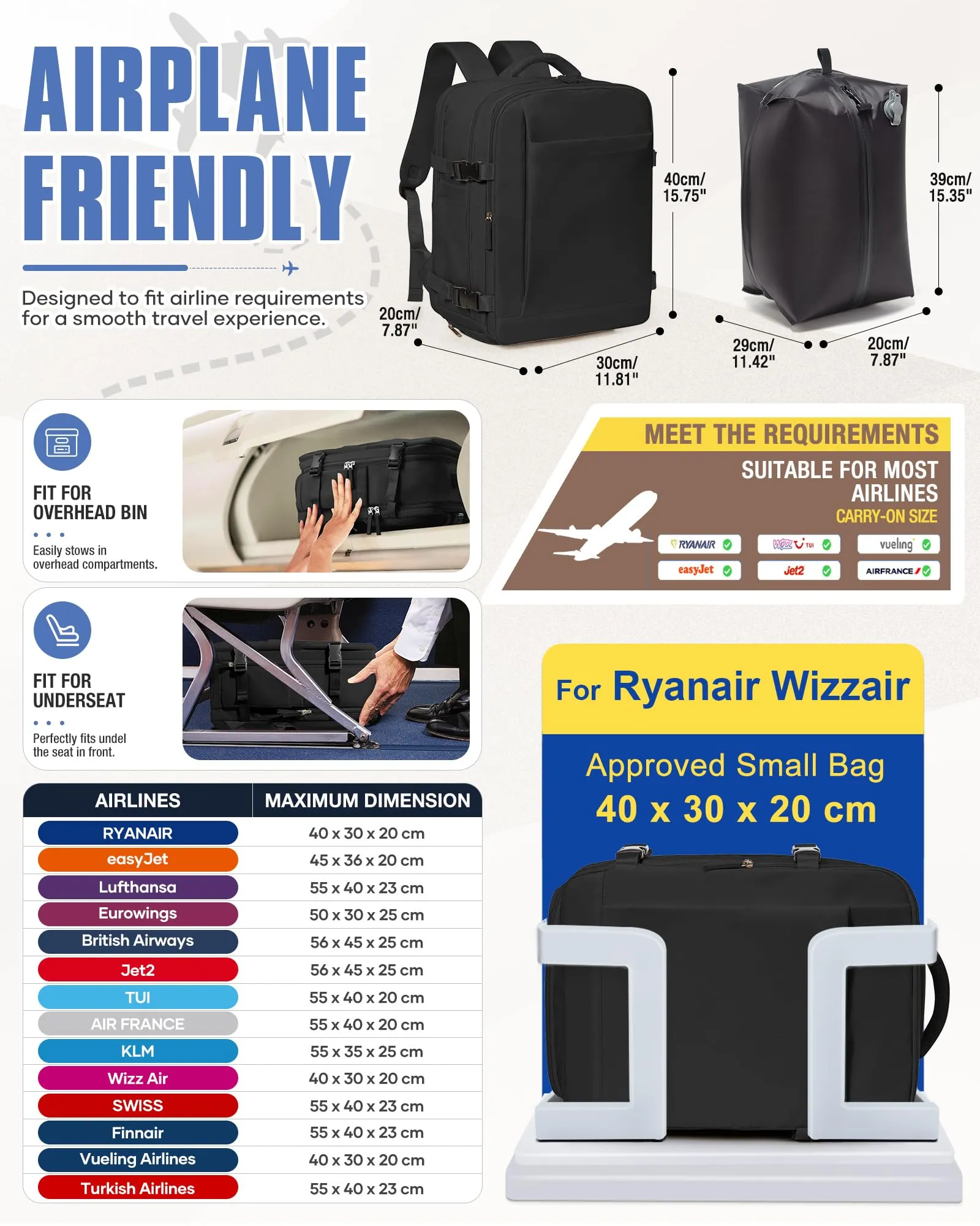 SZLX Zaino da Viaggio Sottovuoto con Pompa 40x30x20cm per Ryanair Wizzair Vueling, Impermeabile con Scomparto Scarpe e Laptop 14 Pollici - immagine 4