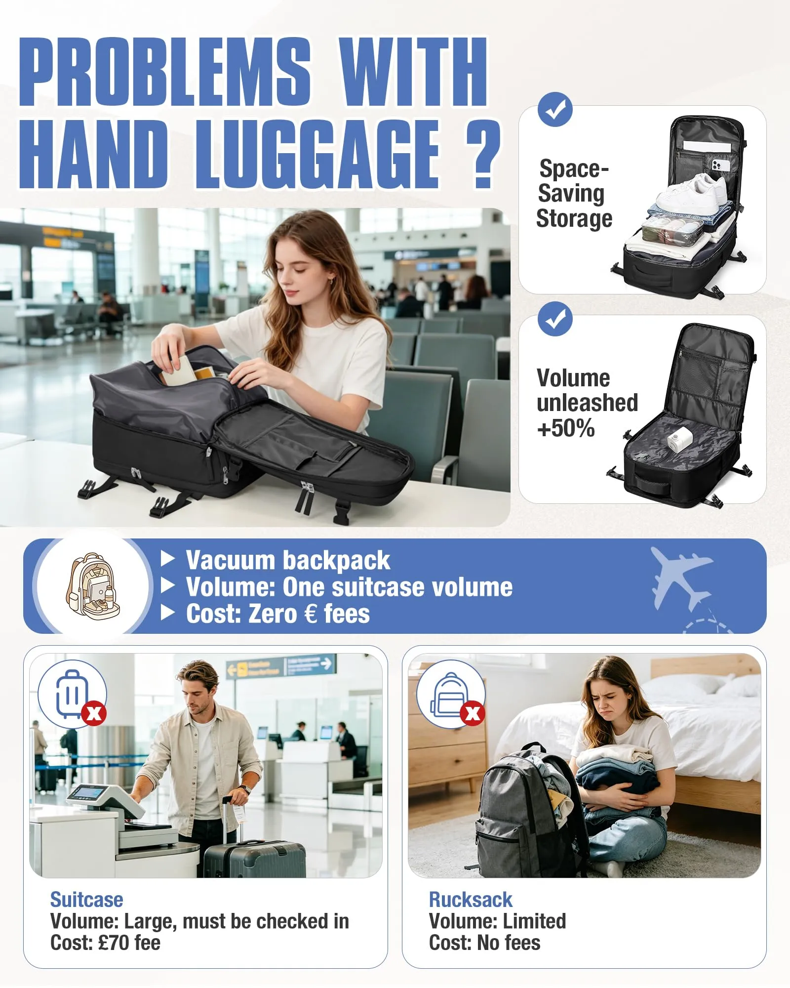 SZLX Zaino da Viaggio Sottovuoto con Pompa 40x30x20cm per Ryanair Wizzair Vueling, Impermeabile con Scomparto Scarpe e Laptop 14 Pollici - immagine 7