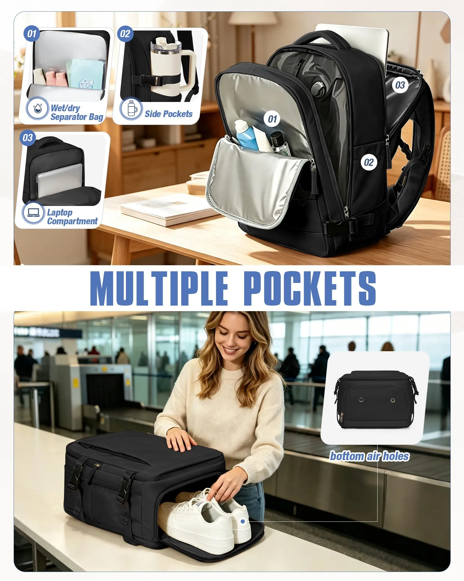 SZLX Zaino da Viaggio Sottovuoto con Pompa 40x30x20cm per Ryanair Wizzair Vueling, Impermeabile con Scomparto Scarpe e Laptop 14 Pollici - immagine 9