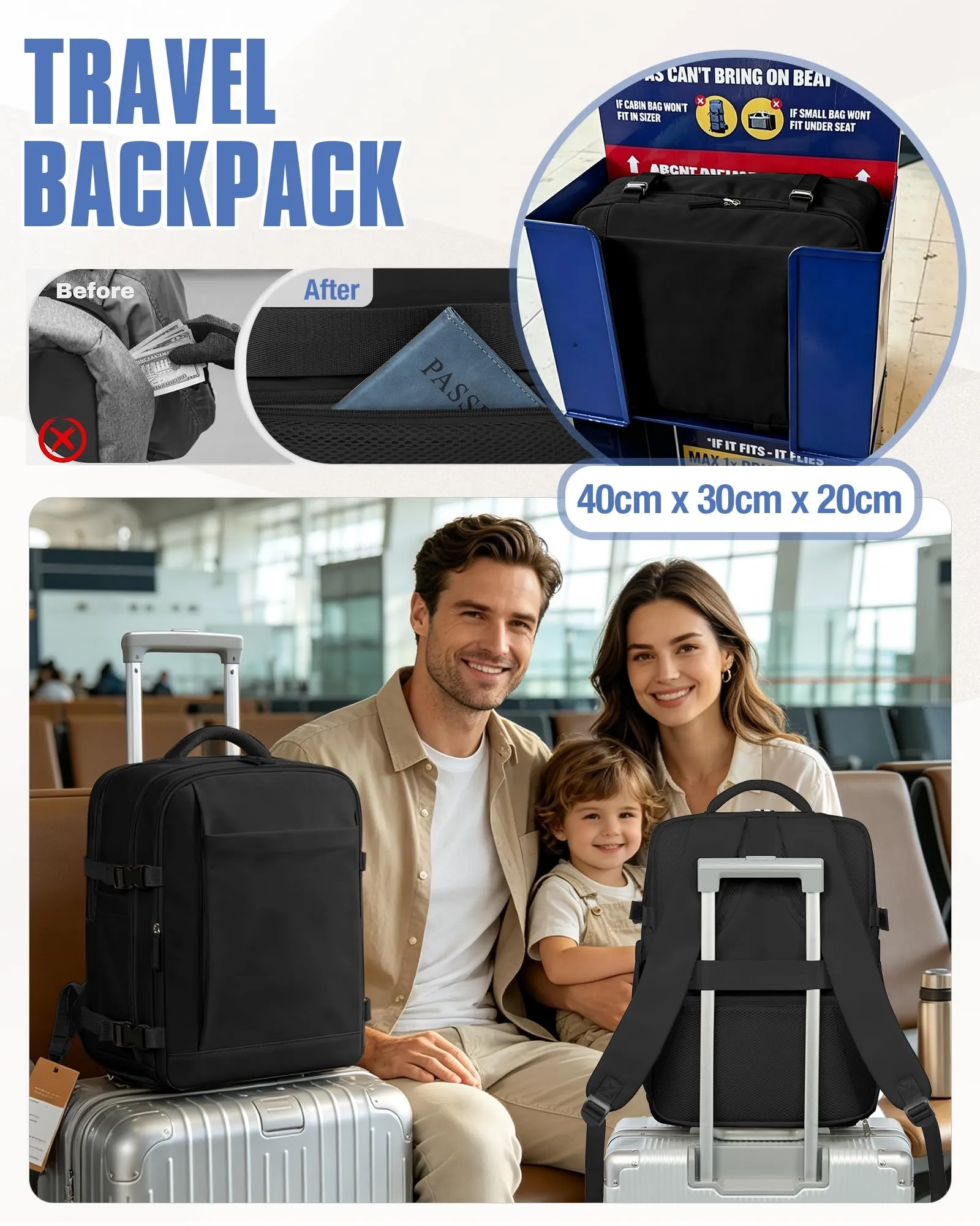 SZLX Zaino da Viaggio Sottovuoto con Pompa 40x30x20cm per Ryanair Wizzair Vueling, Impermeabile con Scomparto Scarpe e Laptop 14 Pollici - immagine 10