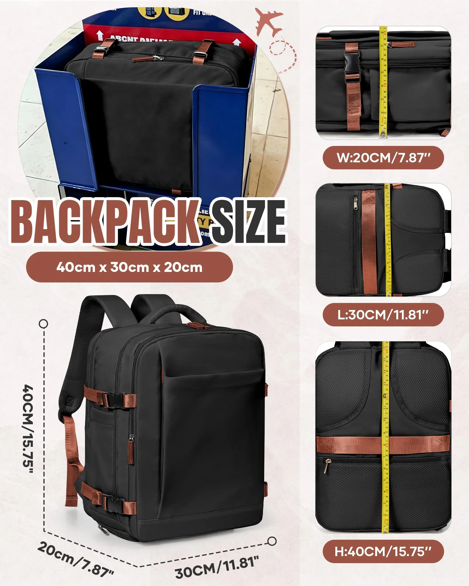 SZLX Zaino da Viaggio 40x30x20 Sottovuoto con Pompa per Ryanair Wizzair Vueling, Impermeabile con Scomparto Scarpe e Laptop 14 Pollici - immagine 5