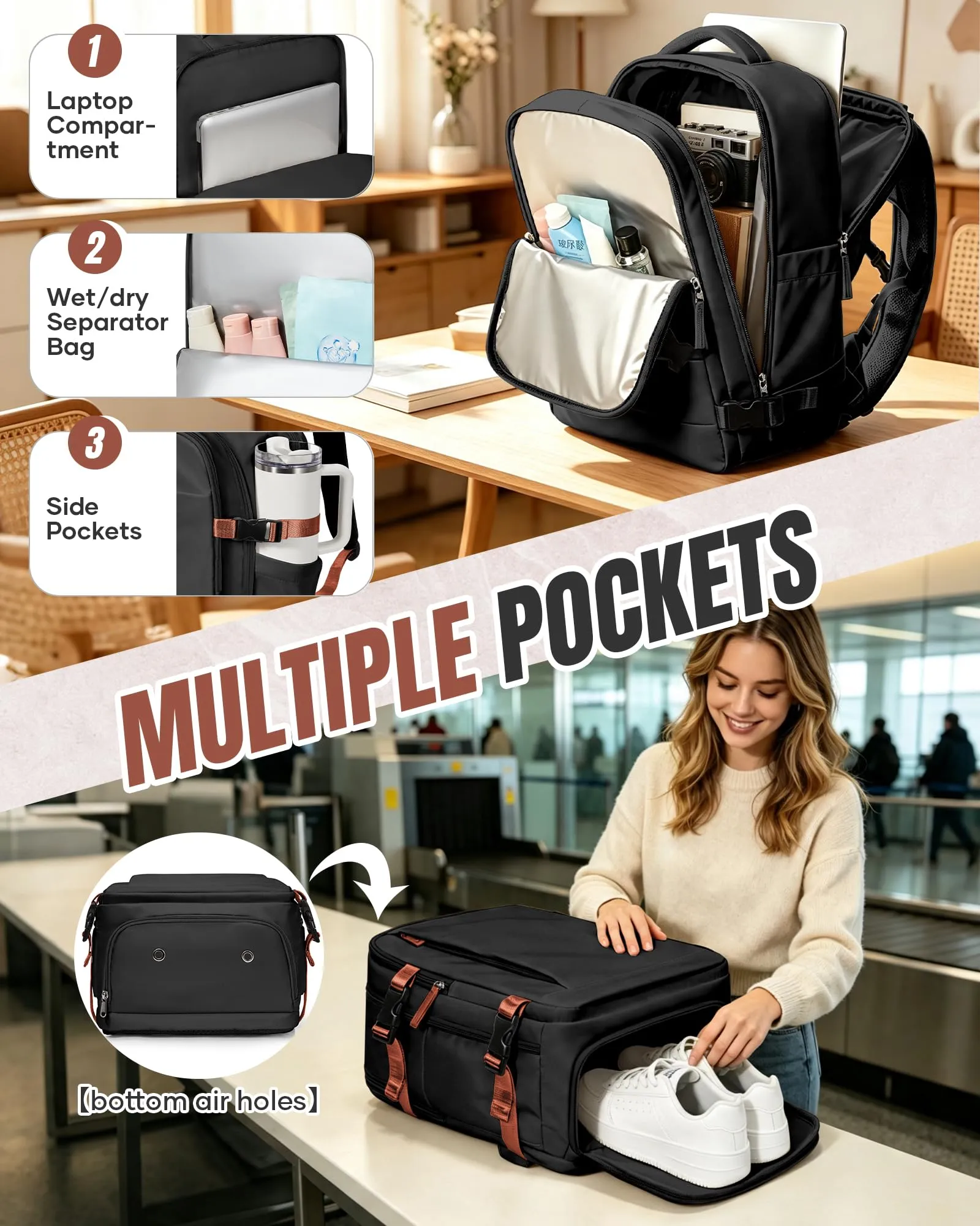 SZLX Zaino da Viaggio 40x30x20 Sottovuoto con Pompa per Ryanair Wizzair Vueling, Impermeabile con Scomparto Scarpe e Laptop 14 Pollici - immagine 7