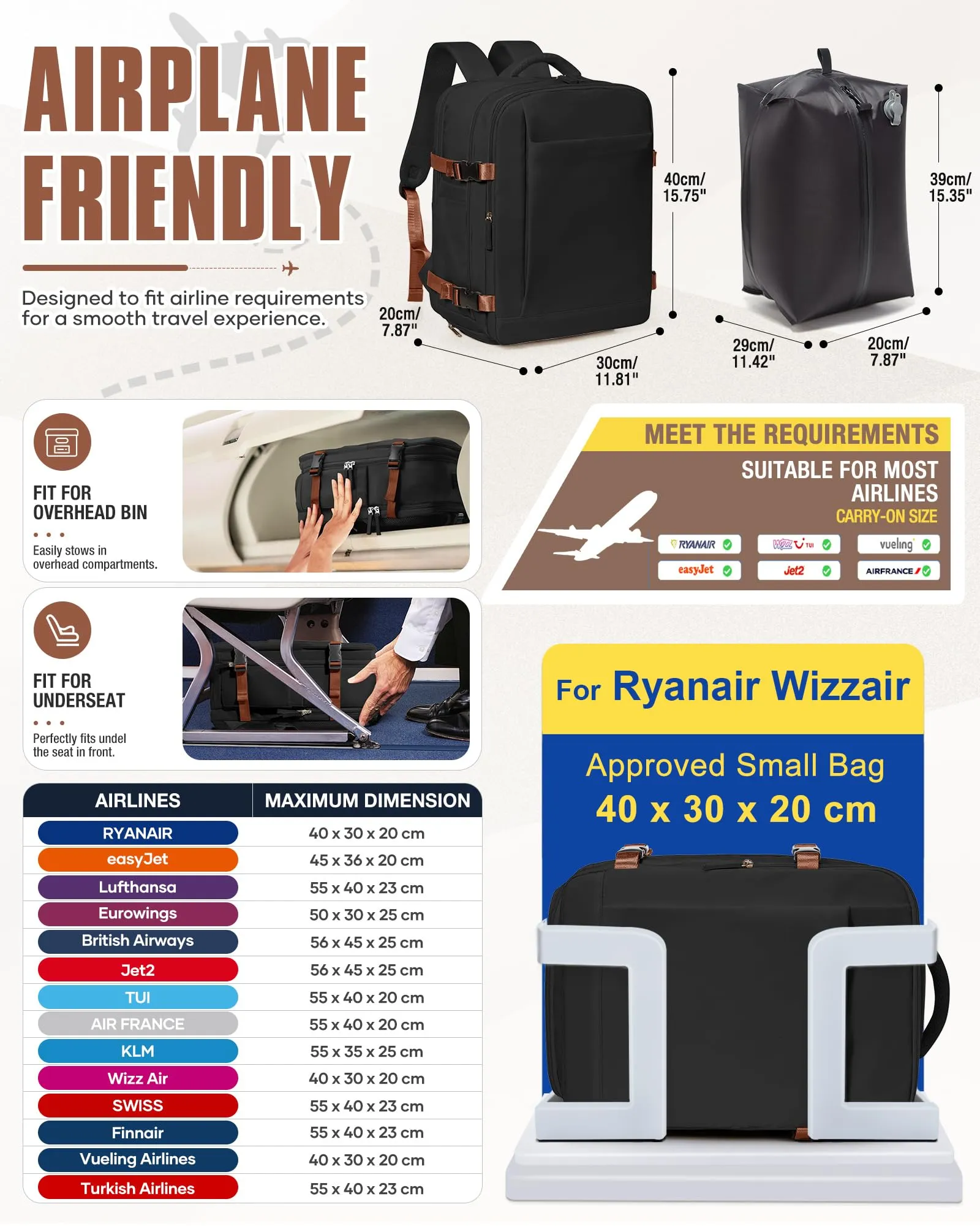 SZLX Zaino da Viaggio Sottovuoto con Pompa 40x30x20 cm per Ryanair Wizzair Vueling, Impermeabile con Scomparto Scarpe e Laptop 14 Pollici - immagine 4