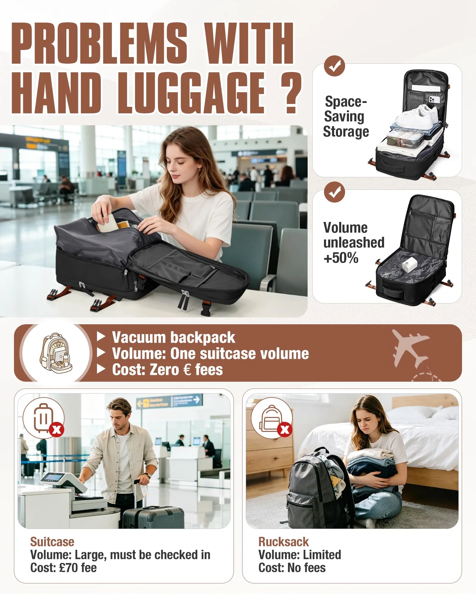 SZLX Zaino da Viaggio Sottovuoto con Pompa 40x30x20 cm per Ryanair Wizzair Vueling, Impermeabile con Scomparto Scarpe e Laptop 14 Pollici - immagine 7