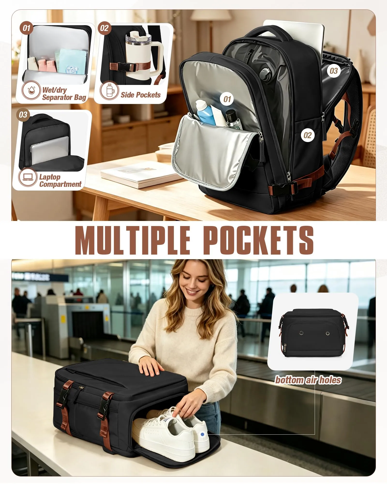 SZLX Zaino da Viaggio Sottovuoto con Pompa 40x30x20 cm per Ryanair Wizzair Vueling, Impermeabile con Scomparto Scarpe e Laptop 14 Pollici - immagine 9