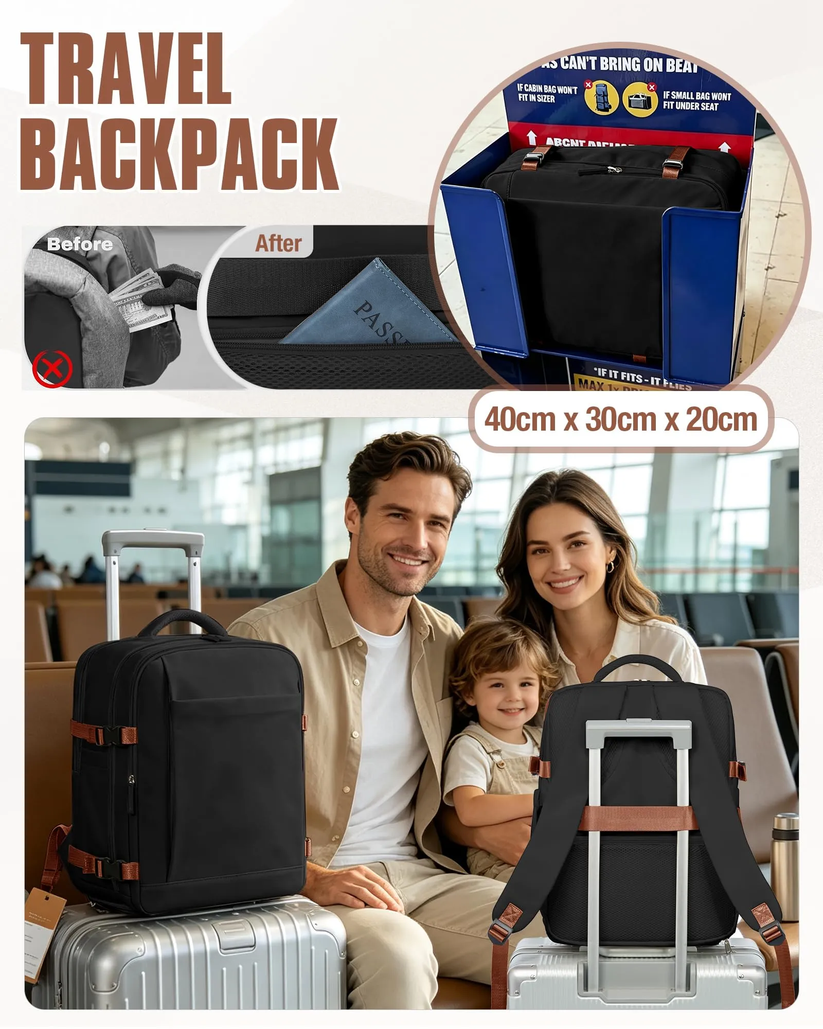 SZLX Zaino da Viaggio Sottovuoto con Pompa 40x30x20 cm per Ryanair Wizzair Vueling, Impermeabile con Scomparto Scarpe e Laptop 14 Pollici - immagine 10