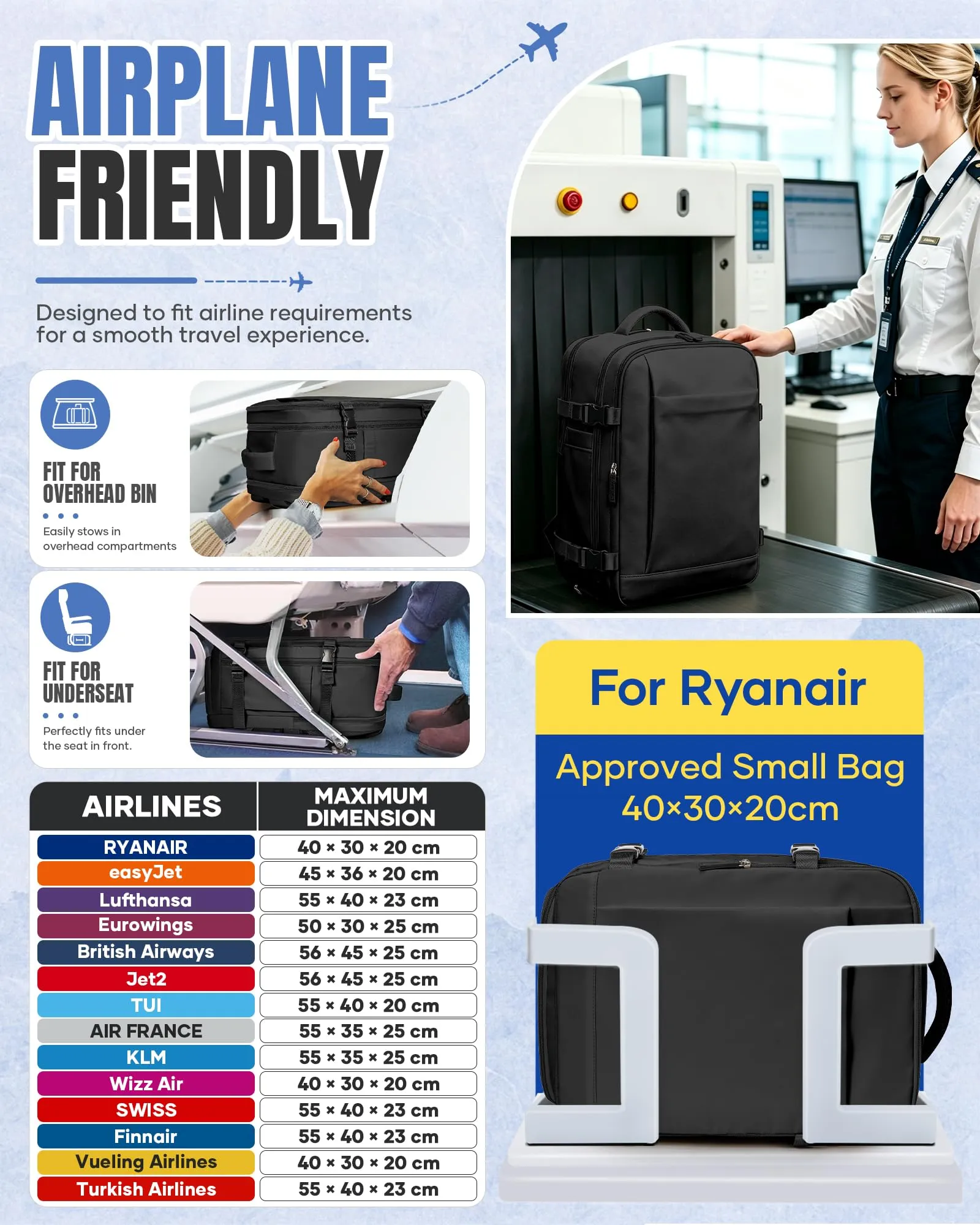 SZLX Zaino da Viaggio 40x30x20 Sottovuoto con Pompa per Ryanair Wizzair Vueling, Bagaglio a Mano Impermeabile con Scomparto Scarpe e Laptop 14 Pollici - immagine 4