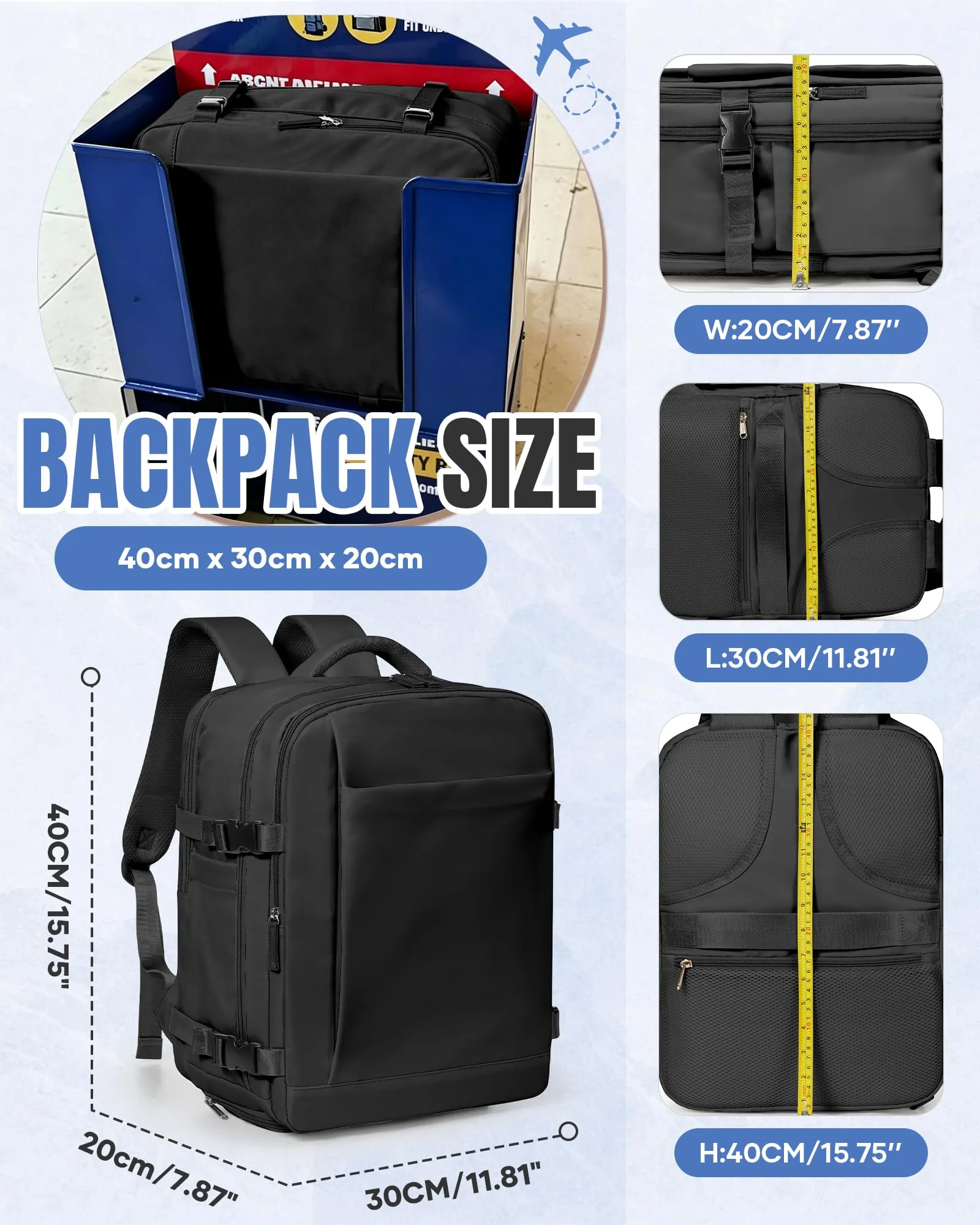 SZLX Zaino da Viaggio 40x30x20 Sottovuoto con Pompa per Ryanair Wizzair Vueling, Bagaglio a Mano Impermeabile con Scomparto Scarpe e Laptop 14 Pollici - immagine 5