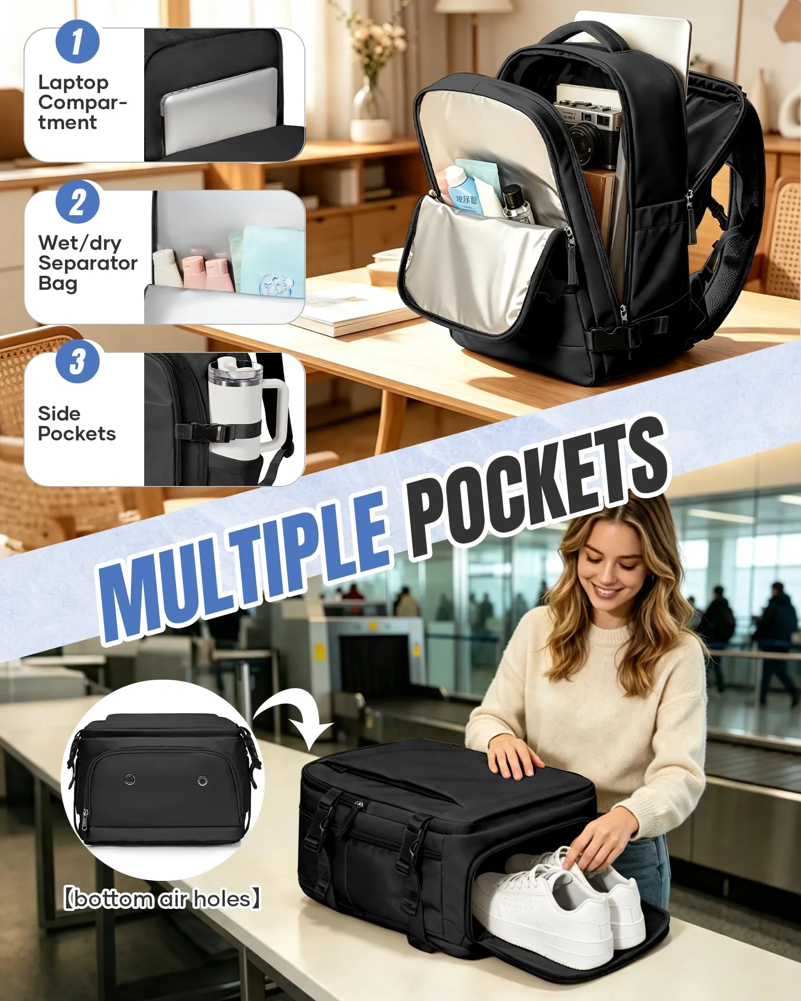 SZLX Zaino da Viaggio 40x30x20 Sottovuoto con Pompa per Ryanair Wizzair Vueling, Bagaglio a Mano Impermeabile con Scomparto Scarpe e Laptop 14 Pollici - immagine 7