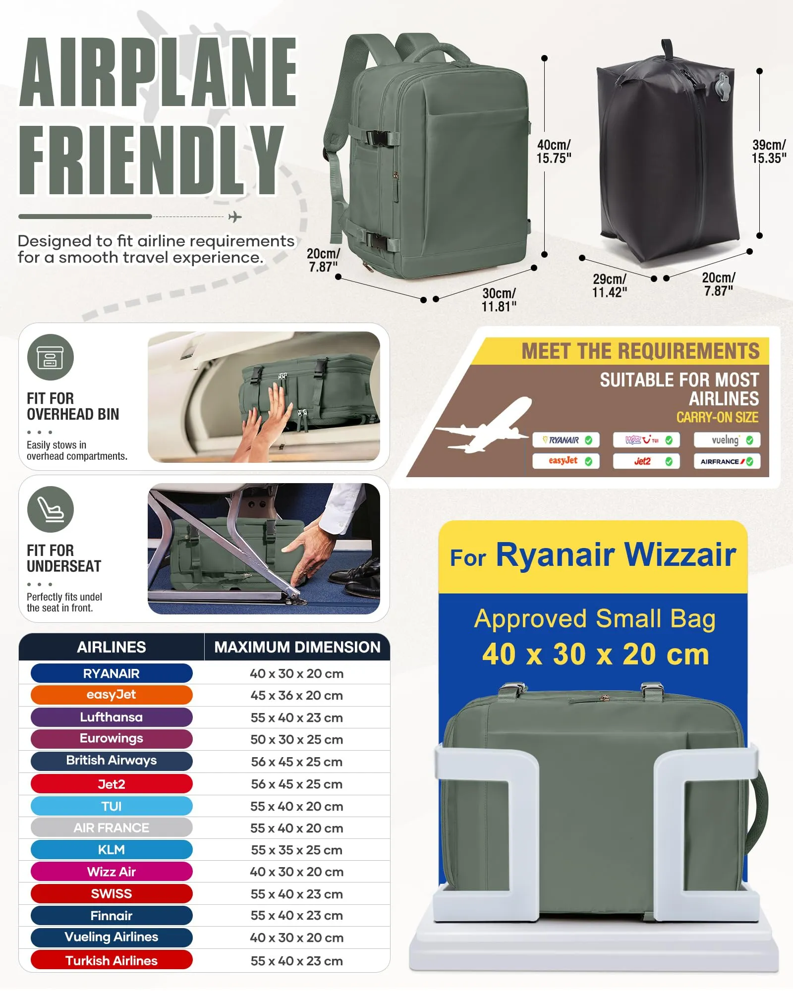 SZLX Zaino da Viaggio Sottovuoto con Pompa 40x30x20cm per Ryanair Wizzair Vueling, Impermeabile con Scomparto Scarpe e Laptop 14 Pollici - immagine 4