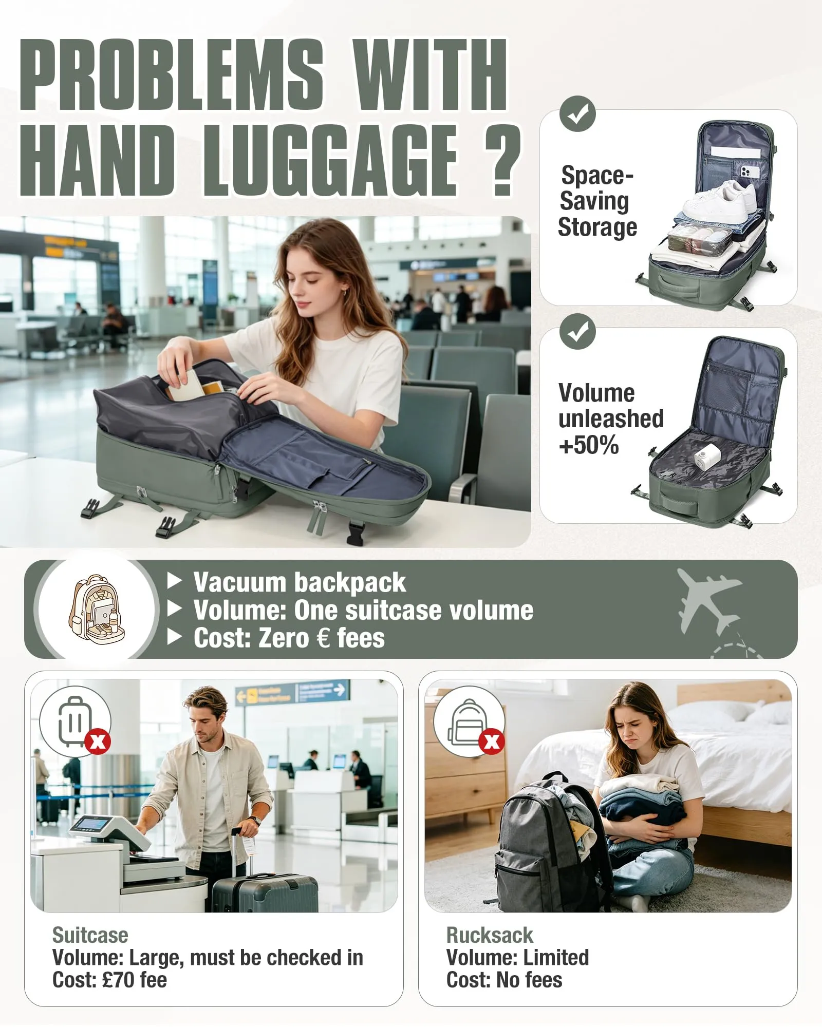 SZLX Zaino da Viaggio Sottovuoto con Pompa 40x30x20cm per Ryanair Wizzair Vueling, Impermeabile con Scomparto Scarpe e Laptop 14 Pollici - immagine 7