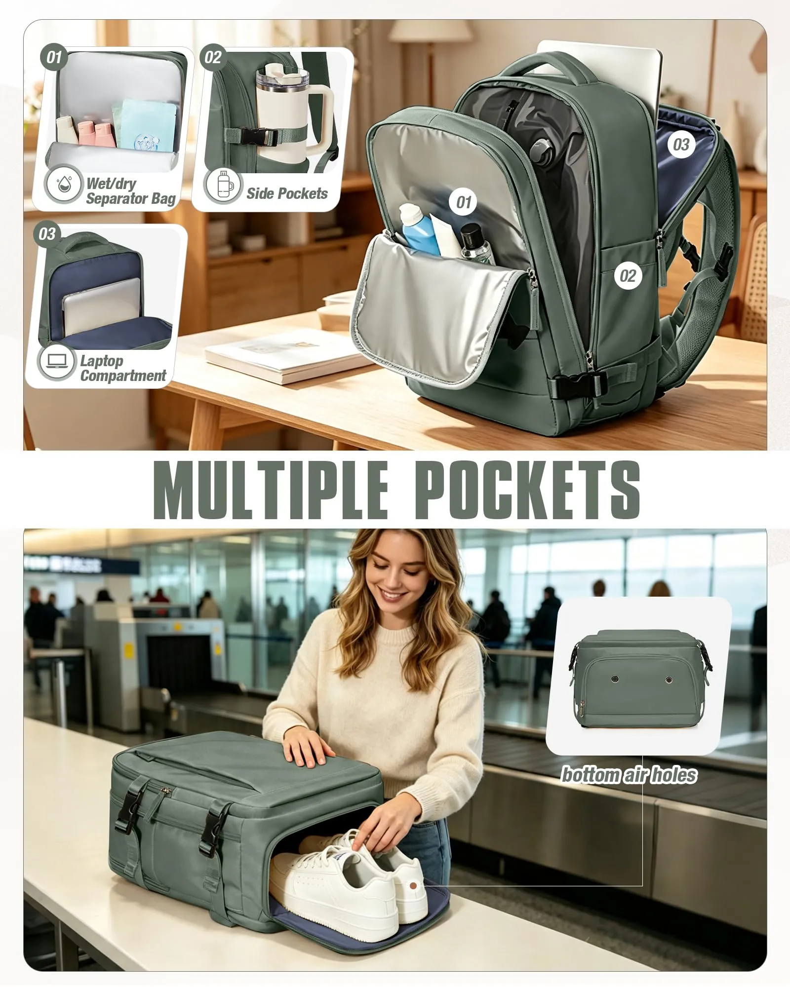 SZLX Zaino da Viaggio Sottovuoto con Pompa 40x30x20cm per Ryanair Wizzair Vueling, Impermeabile con Scomparto Scarpe e Laptop 14 Pollici - immagine 9
