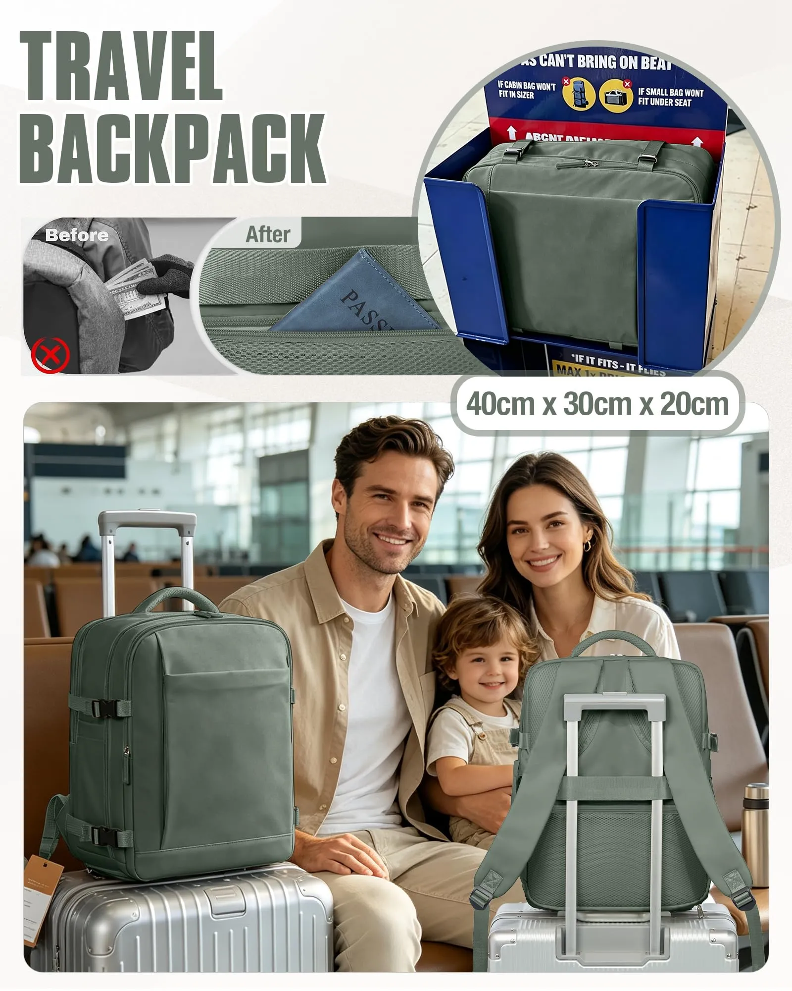 SZLX Zaino da Viaggio Sottovuoto con Pompa 40x30x20cm per Ryanair Wizzair Vueling, Impermeabile con Scomparto Scarpe e Laptop 14 Pollici - immagine 10