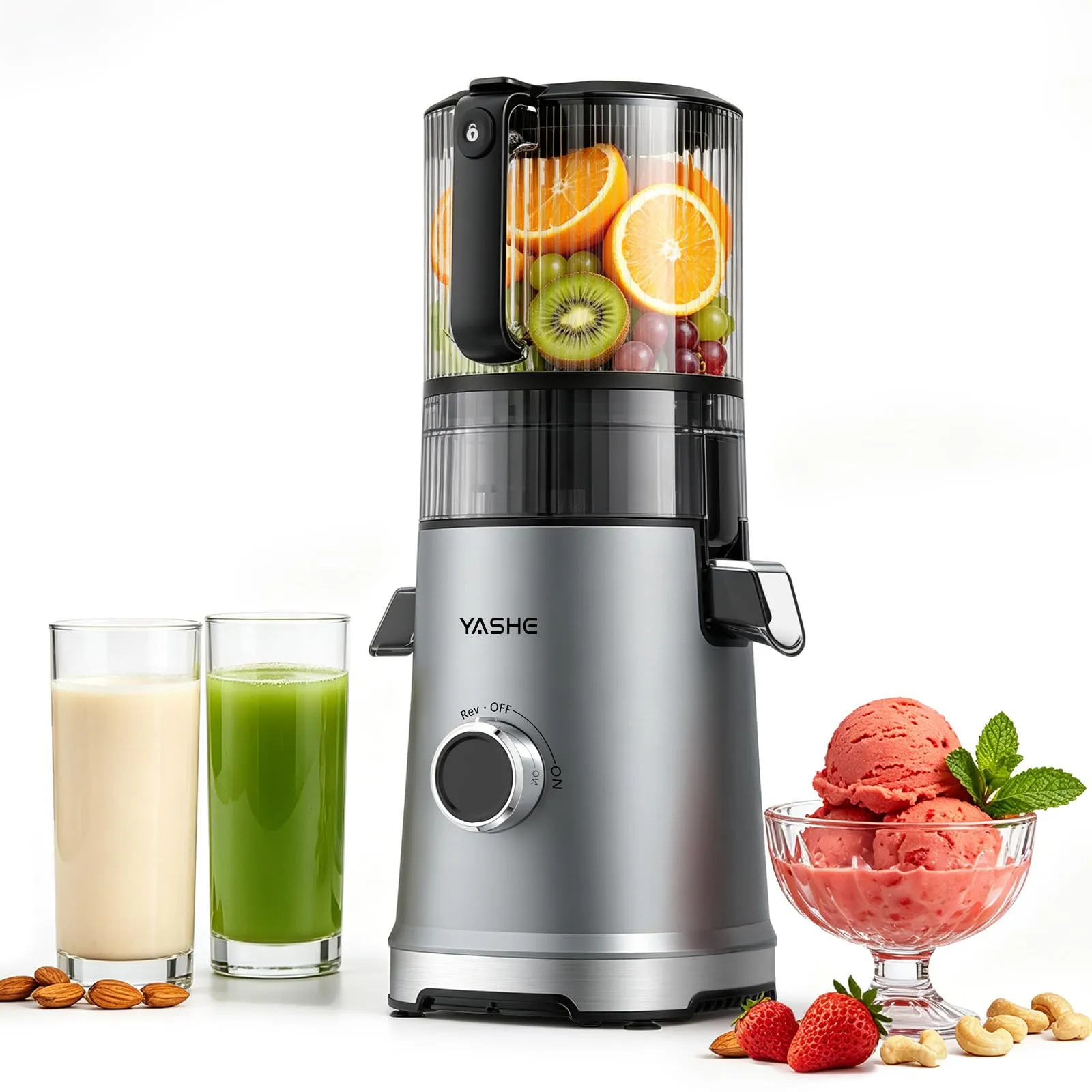 YASHE Estrattore di Succo a Freddo 600W, Bocca Extra Large 152 mm, 3-in-1 per Succo, Sorbet e Latte Vegetale, Funzione Inversa, Senza BPA - immagine 1
