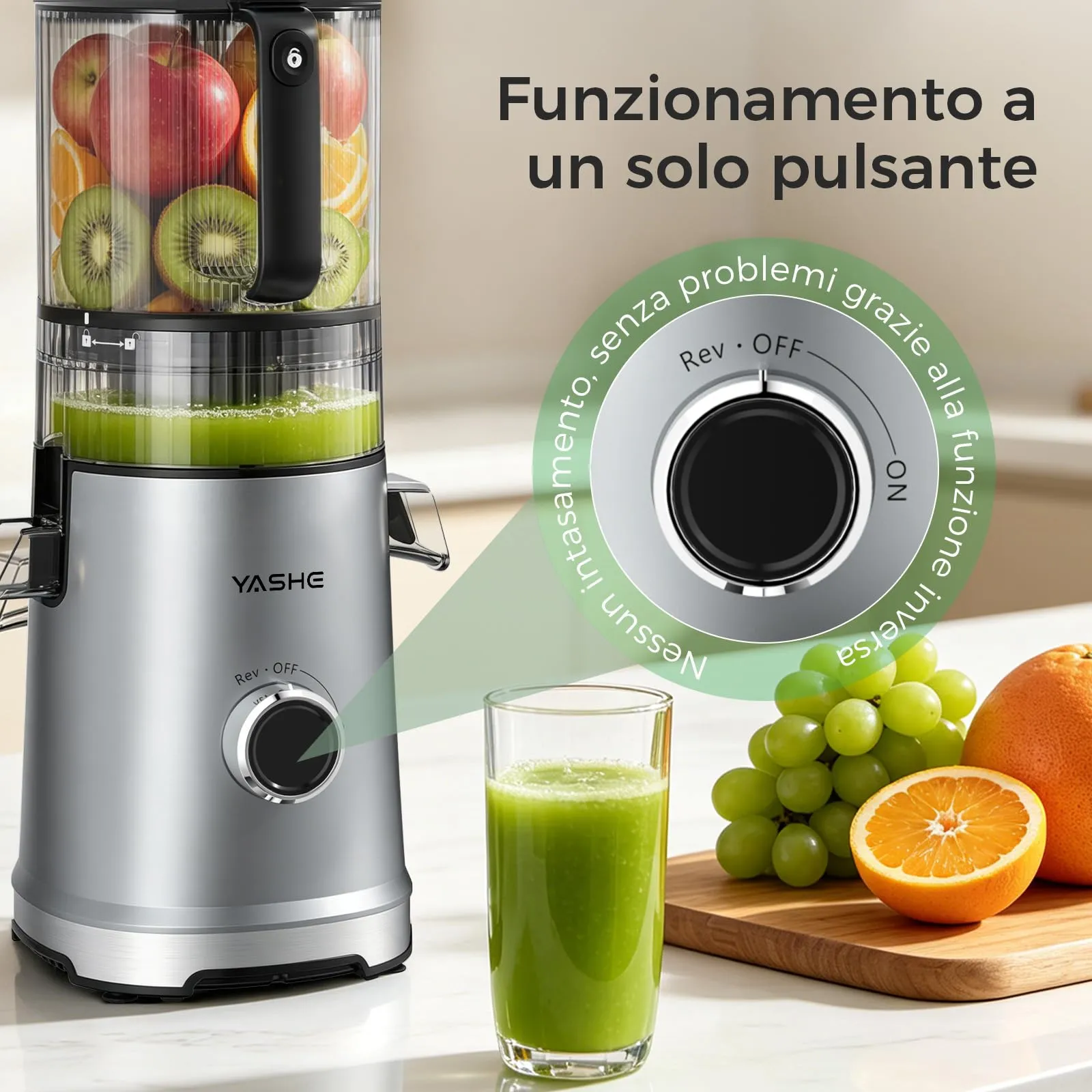 YASHE Estrattore di Succo a Freddo 600W, Bocca Extra Large 152 mm, 3-in-1 per Succo, Sorbet e Latte Vegetale, Funzione Inversa, Senza BPA - immagine 6