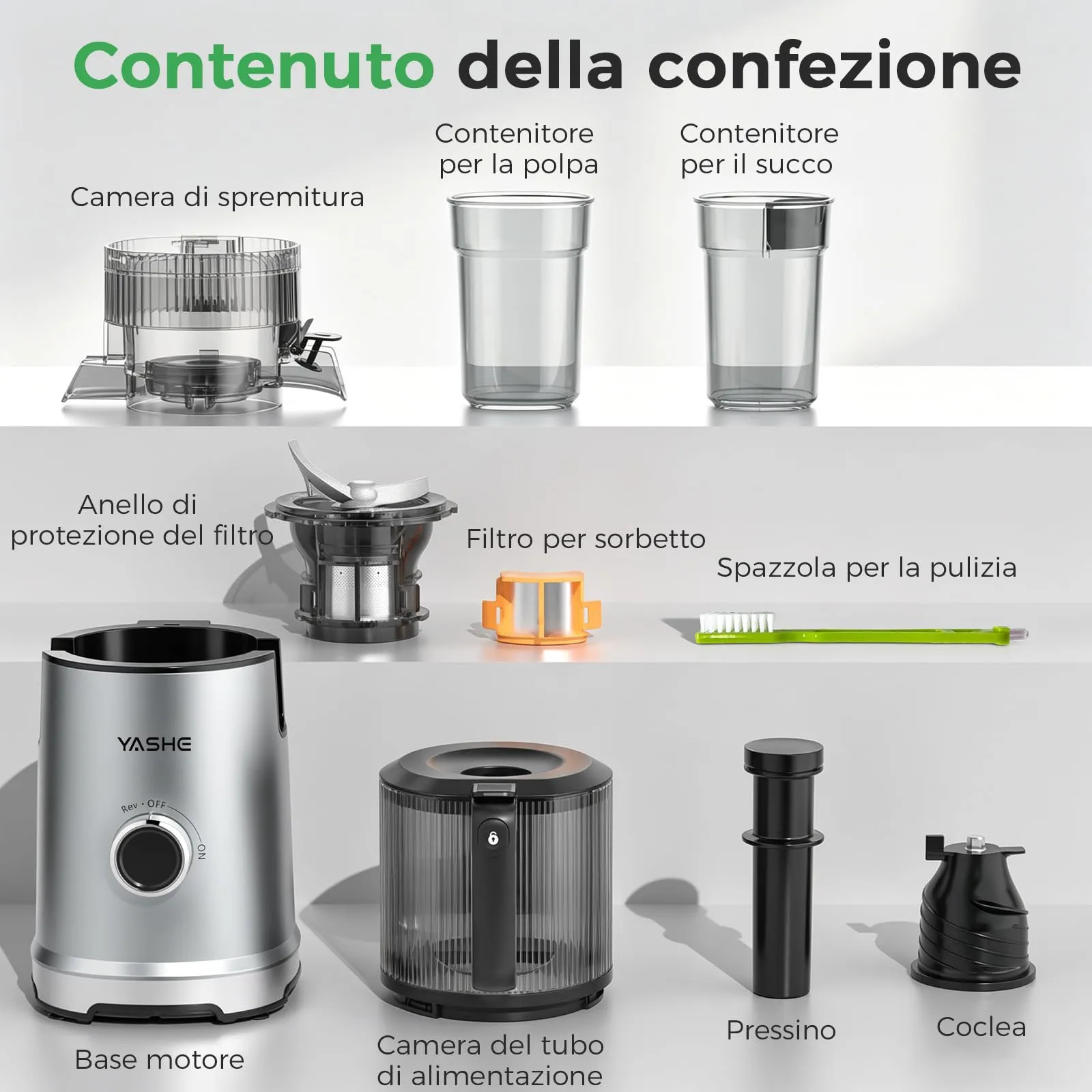 YASHE Estrattore di Succo a Freddo 600W, Bocca Extra Large 152 mm, 3-in-1 per Succo, Sorbet e Latte Vegetale, Funzione Inversa, Senza BPA - immagine 10