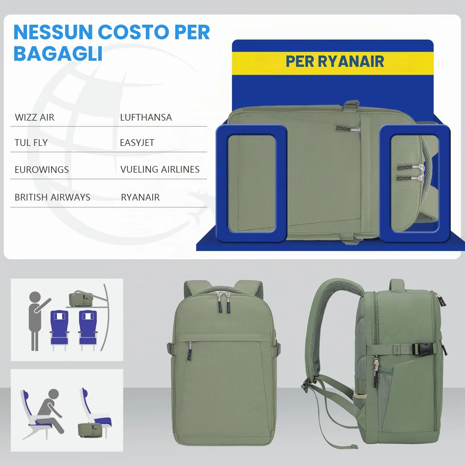 Xkdoai Zaino da Viaggio Bagaglio a Mano 40x30x20 per Ryanair, Matcha Verde - immagine 2
