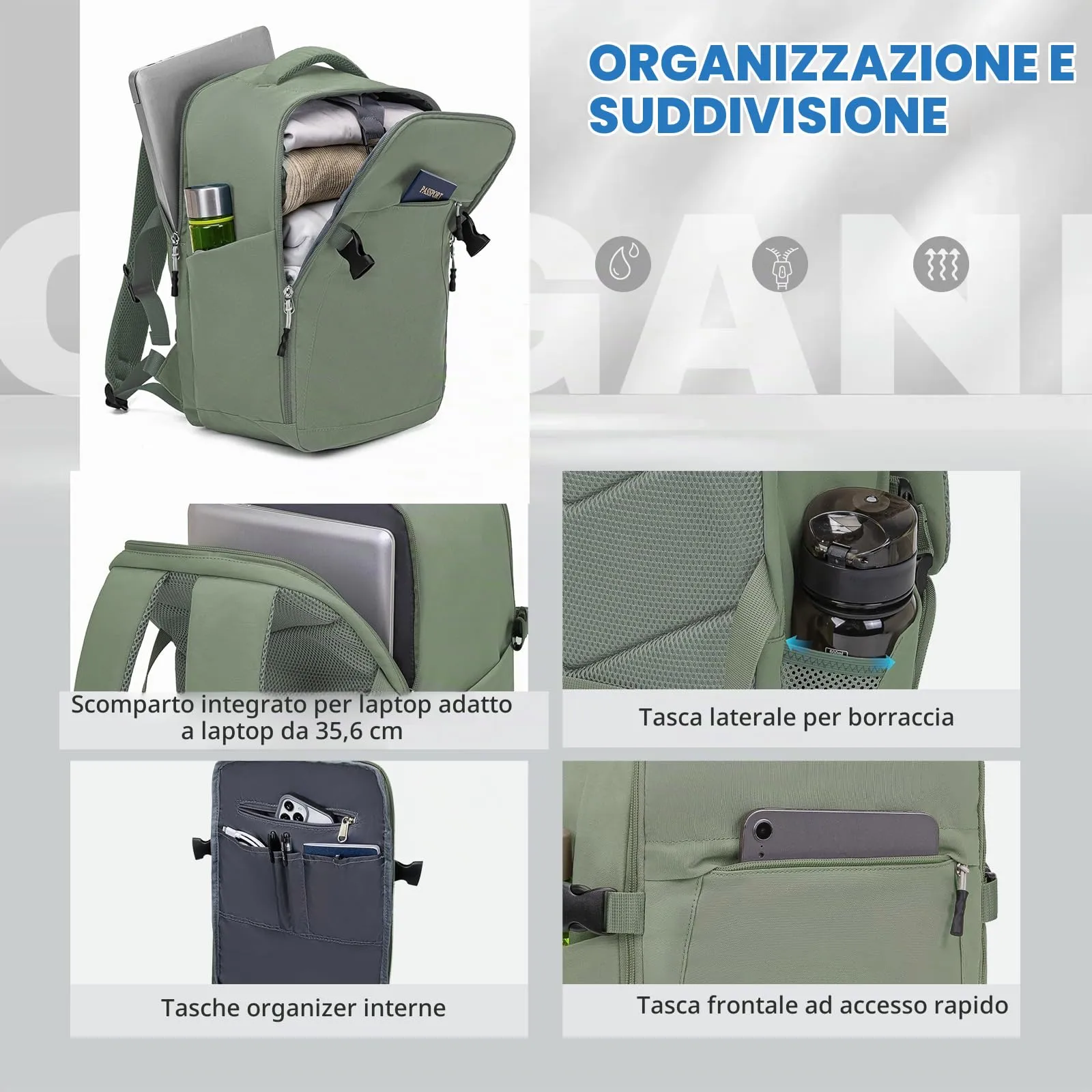 Xkdoai Zaino da Viaggio Bagaglio a Mano 40x30x20 per Ryanair, Matcha Verde - immagine 4