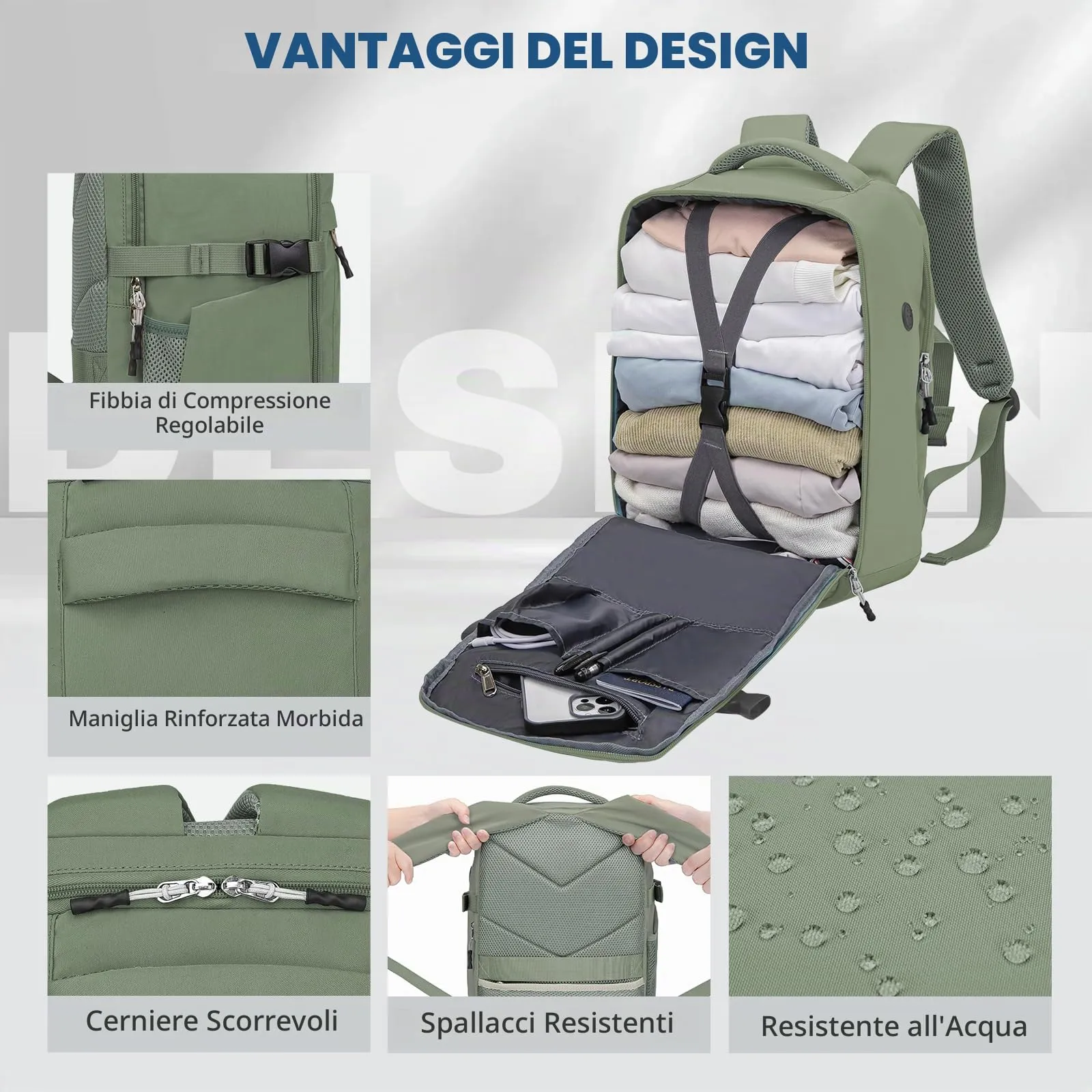 Xkdoai Zaino da Viaggio Bagaglio a Mano 40x30x20 per Ryanair, Matcha Verde - immagine 6