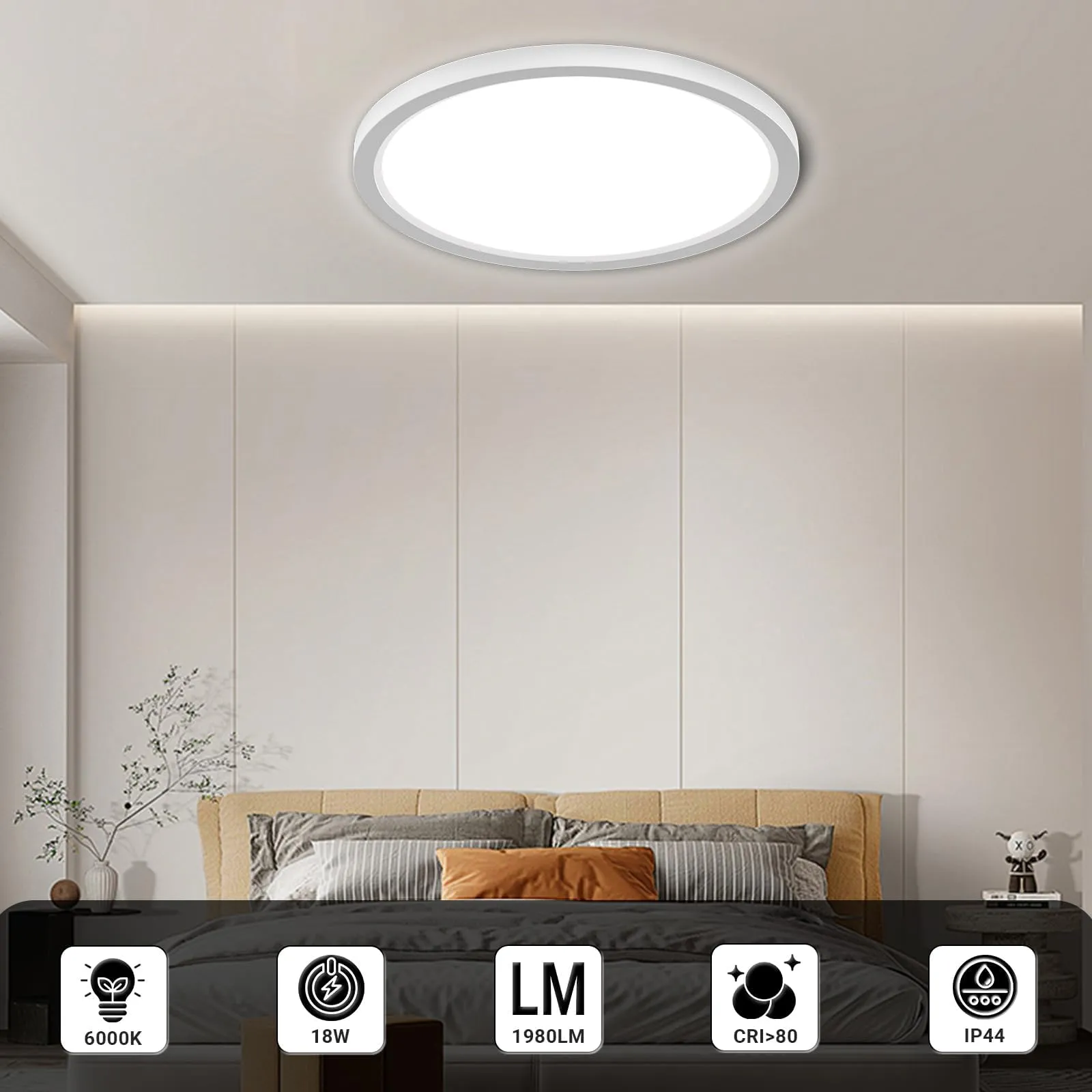 LQWELL Plafoniera LED Rotonda Piatta IP44 Bianca 18W 6000K 1980LM Ø22cm - immagine 3