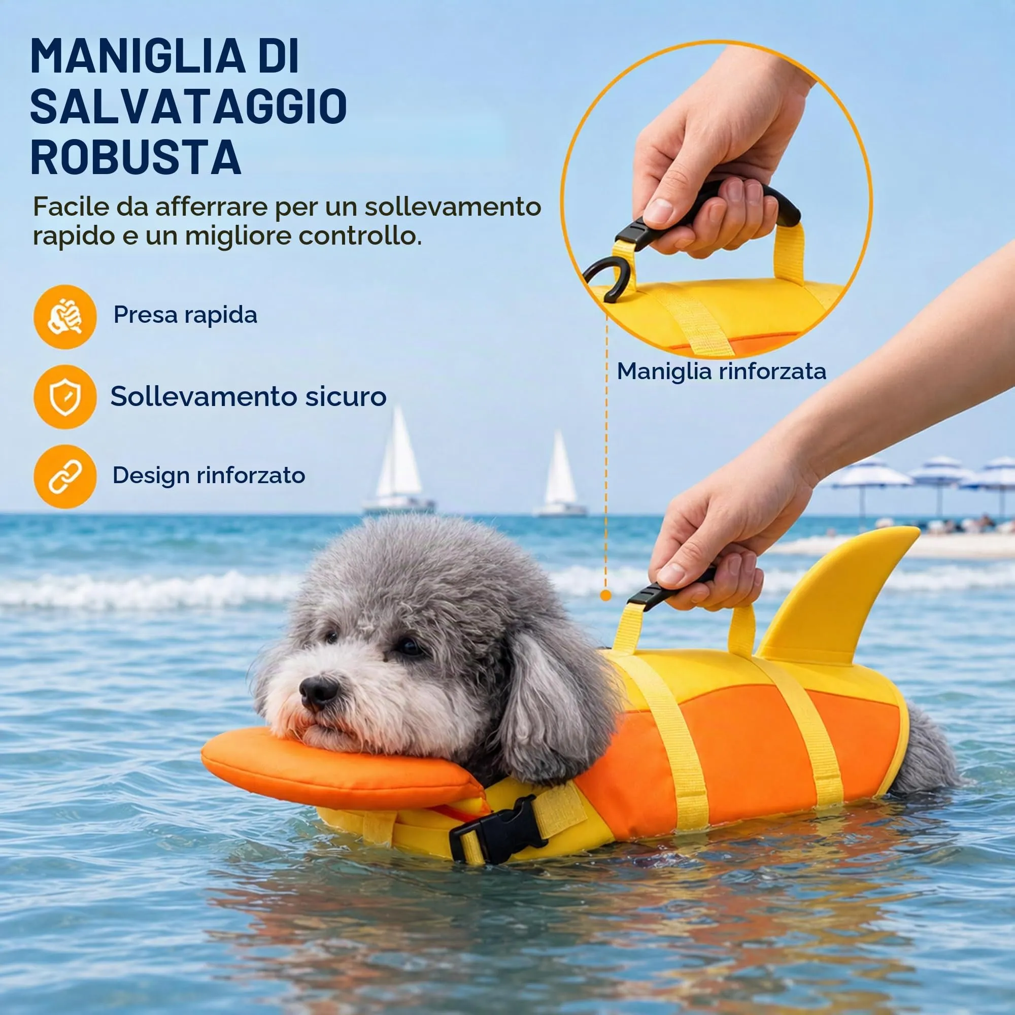 Zunea Giubbotto di salvataggio a forma di squalo per cani, regolabile con manico e anello a D, Giallo, XL - immagine 2