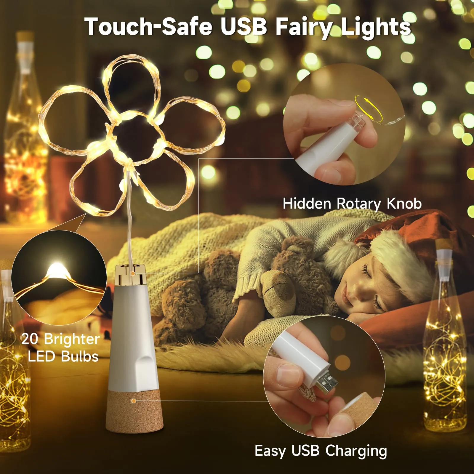 KOBWA Luci per bottiglie con sughero, ricaricabili USB, Bianco freddo, 8 Pezzi - immagine 2