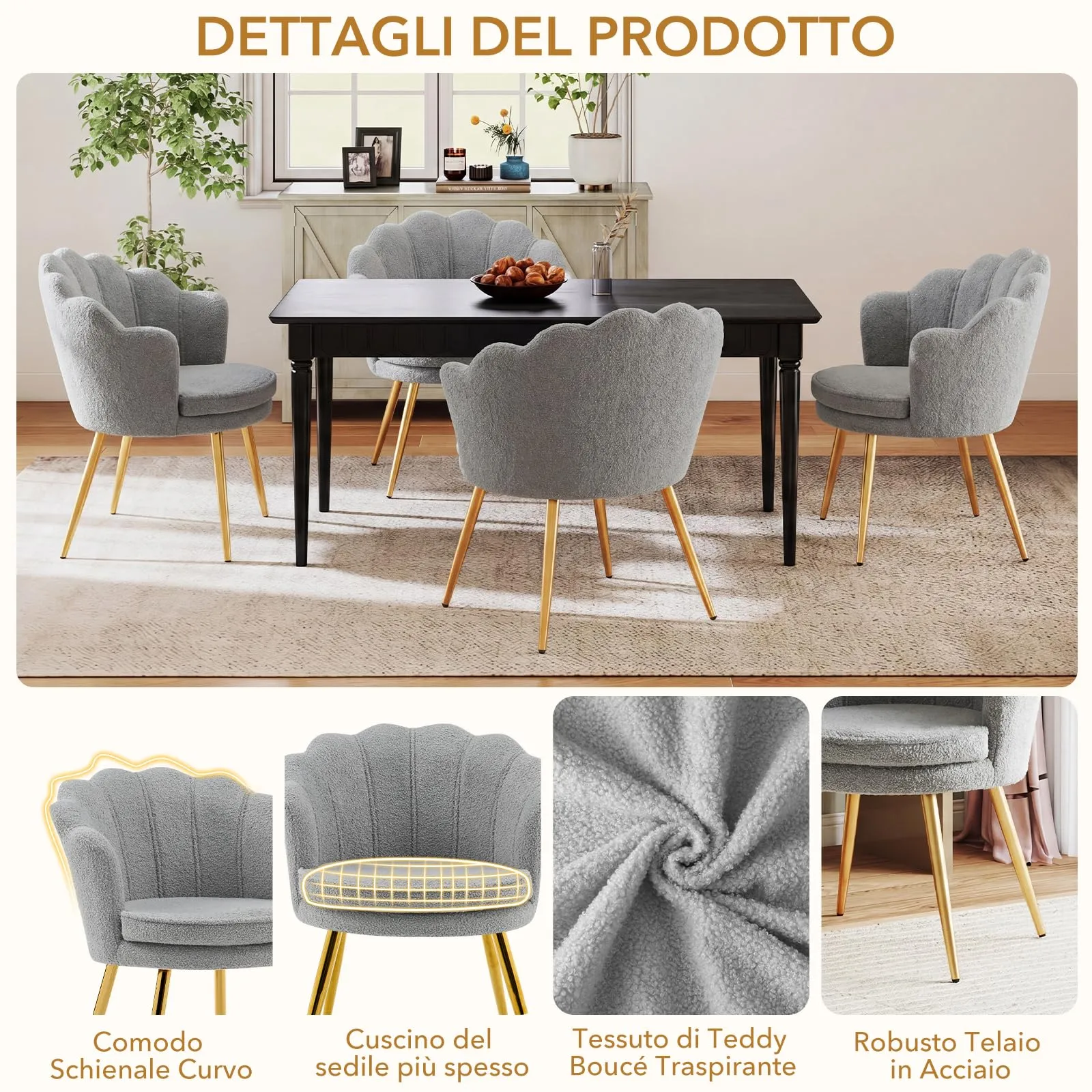 Ckaff Poltrona Conchiglia in Teddy Bouclé con Gambe in Oro, Grigio - immagine 4