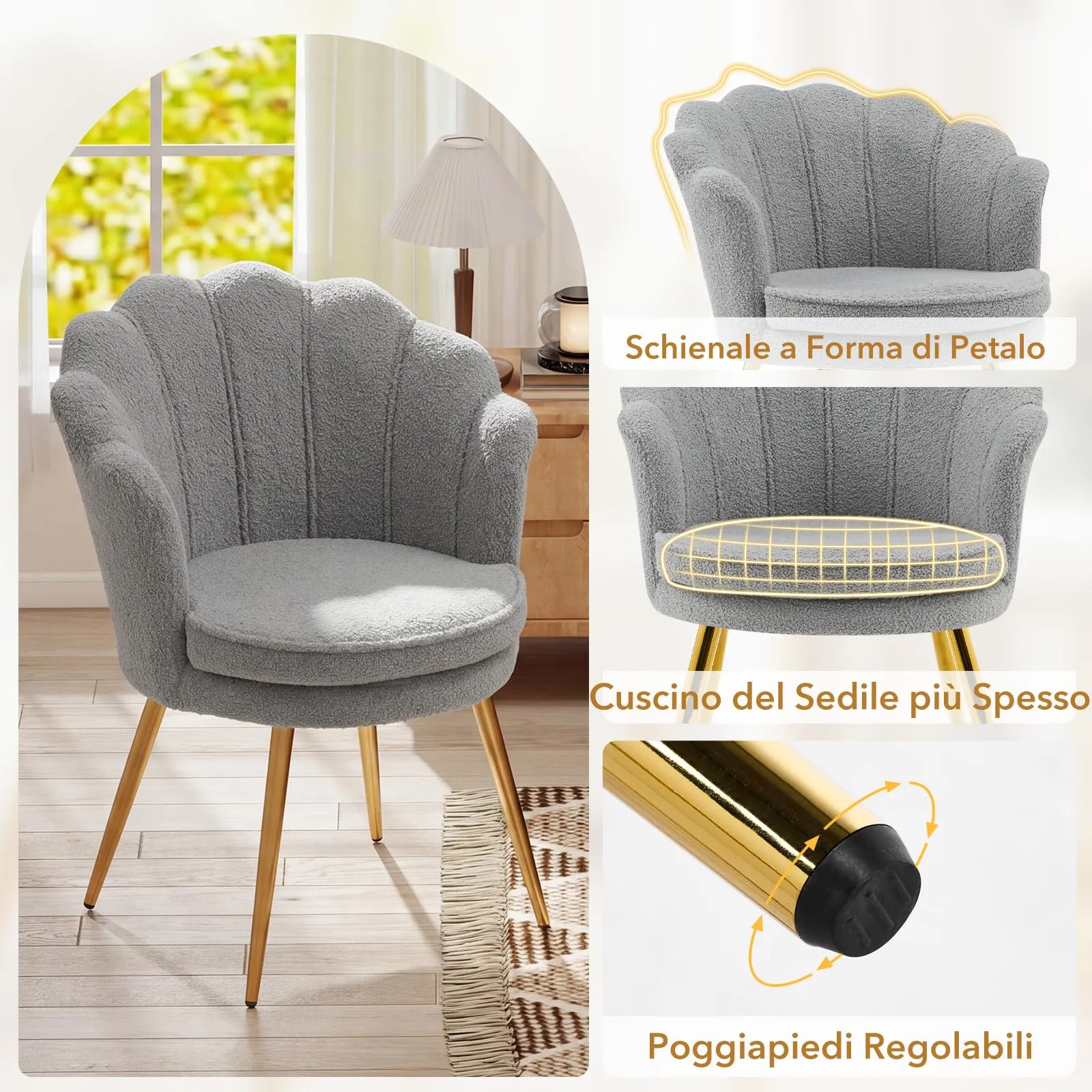 Ckaff Poltrona Conchiglia in Teddy Bouclé con Gambe in Oro, Grigio - immagine 5