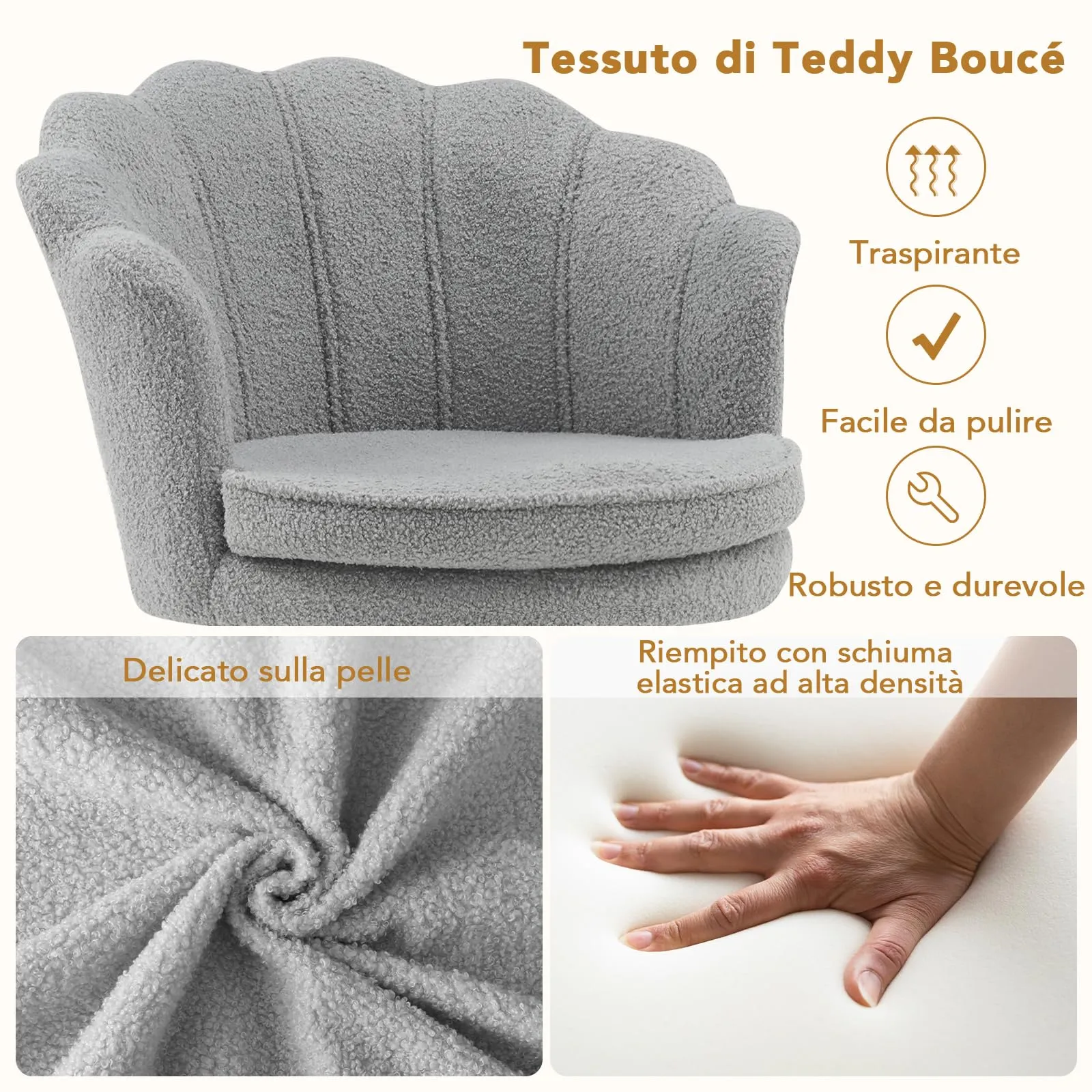 Ckaff Poltrona Conchiglia in Teddy Bouclé con Gambe in Oro, Grigio - immagine 6