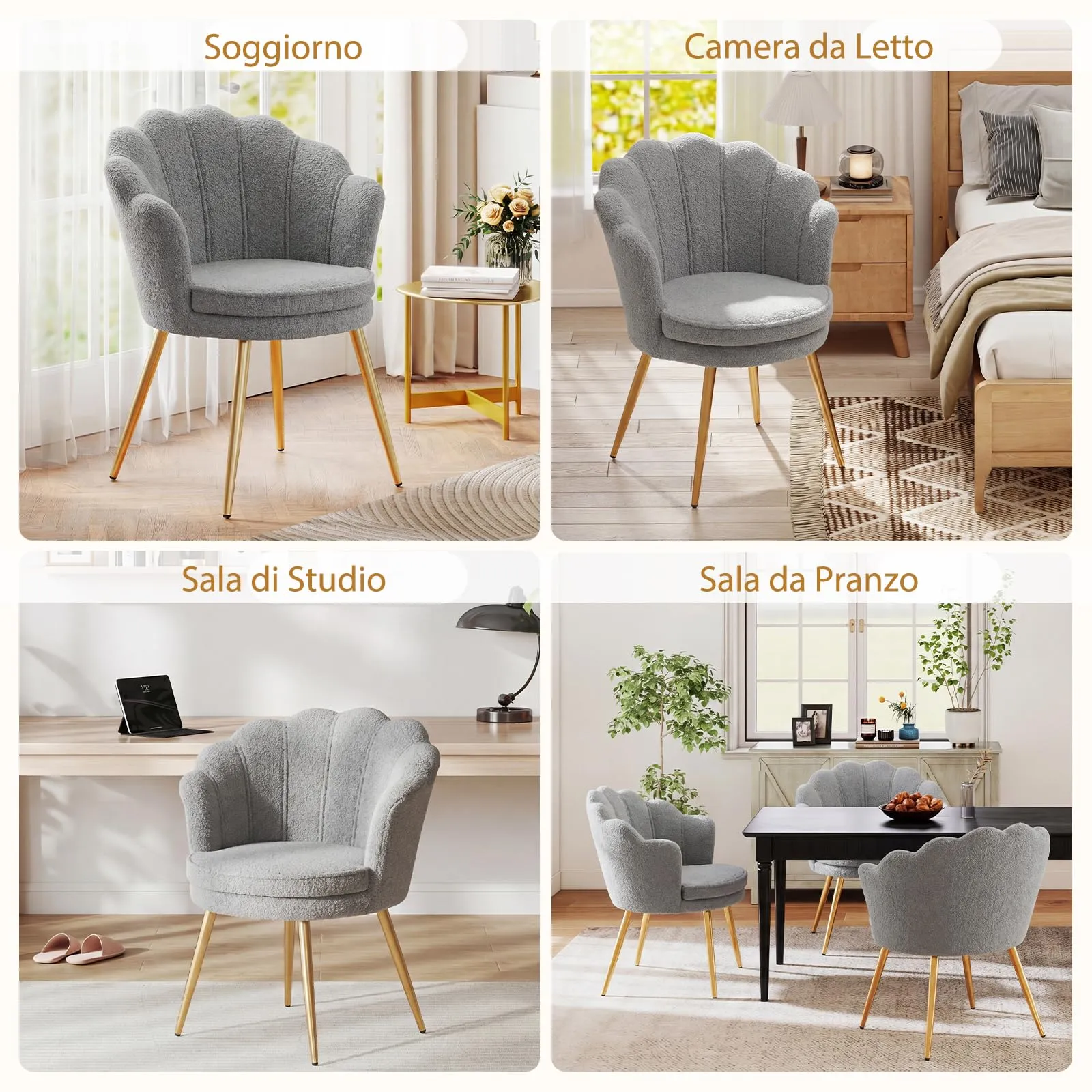 Ckaff Set di 2 Poltrone Conchiglia in Teddy Bouclé con Gambe in Oro, Grigio - immagine 3