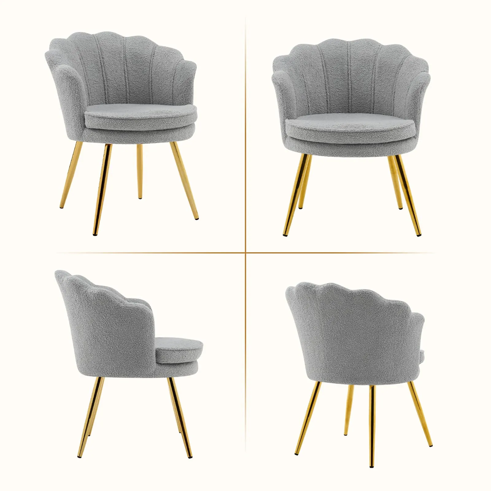 Ckaff Set di 2 Poltrone Conchiglia in Teddy Bouclé con Gambe in Oro, Grigio - immagine 7