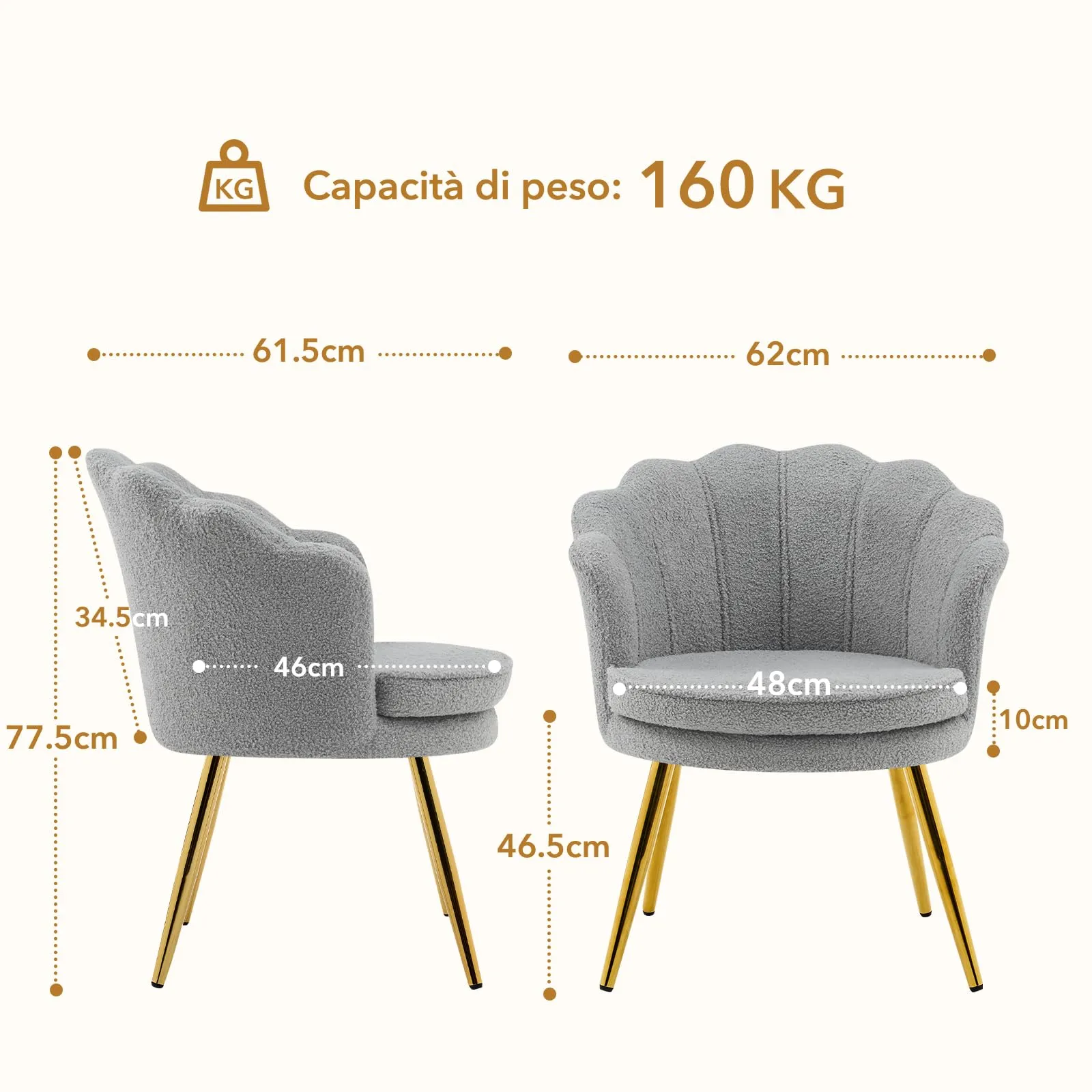 Ckaff Set di 2 Poltrone Conchiglia in Teddy Bouclé con Gambe in Oro, Grigio - immagine 8