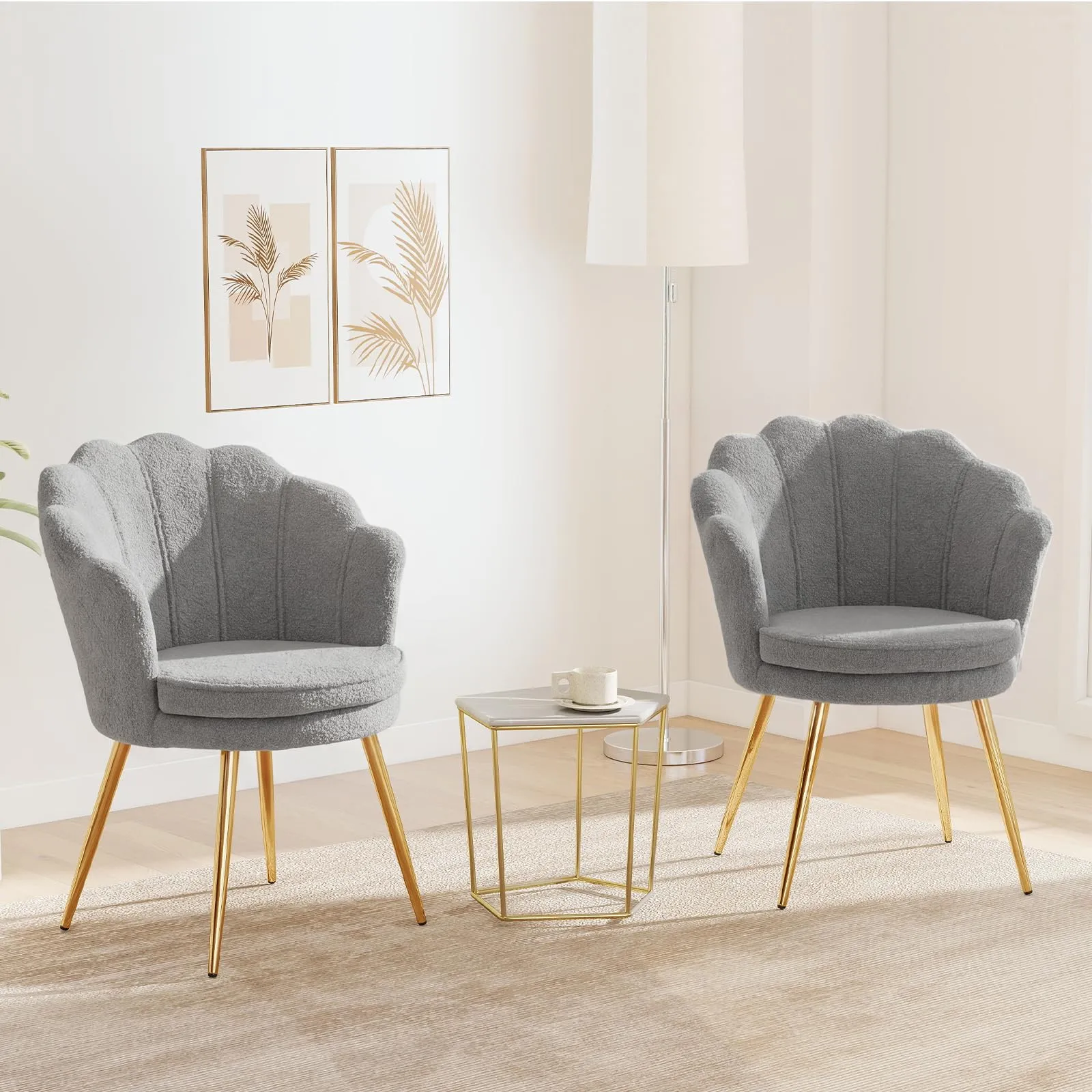 Ckaff Set di 2 Poltrone Conchiglia in Teddy Bouclé con Gambe in Oro, Grigio - immagine 9
