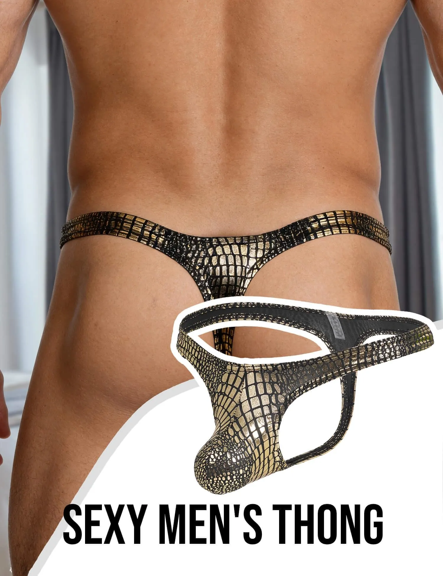 ohyeahlady Perizoma Pelle Uomo Tanga Vita Bassa, Dorato, M - immagine 3