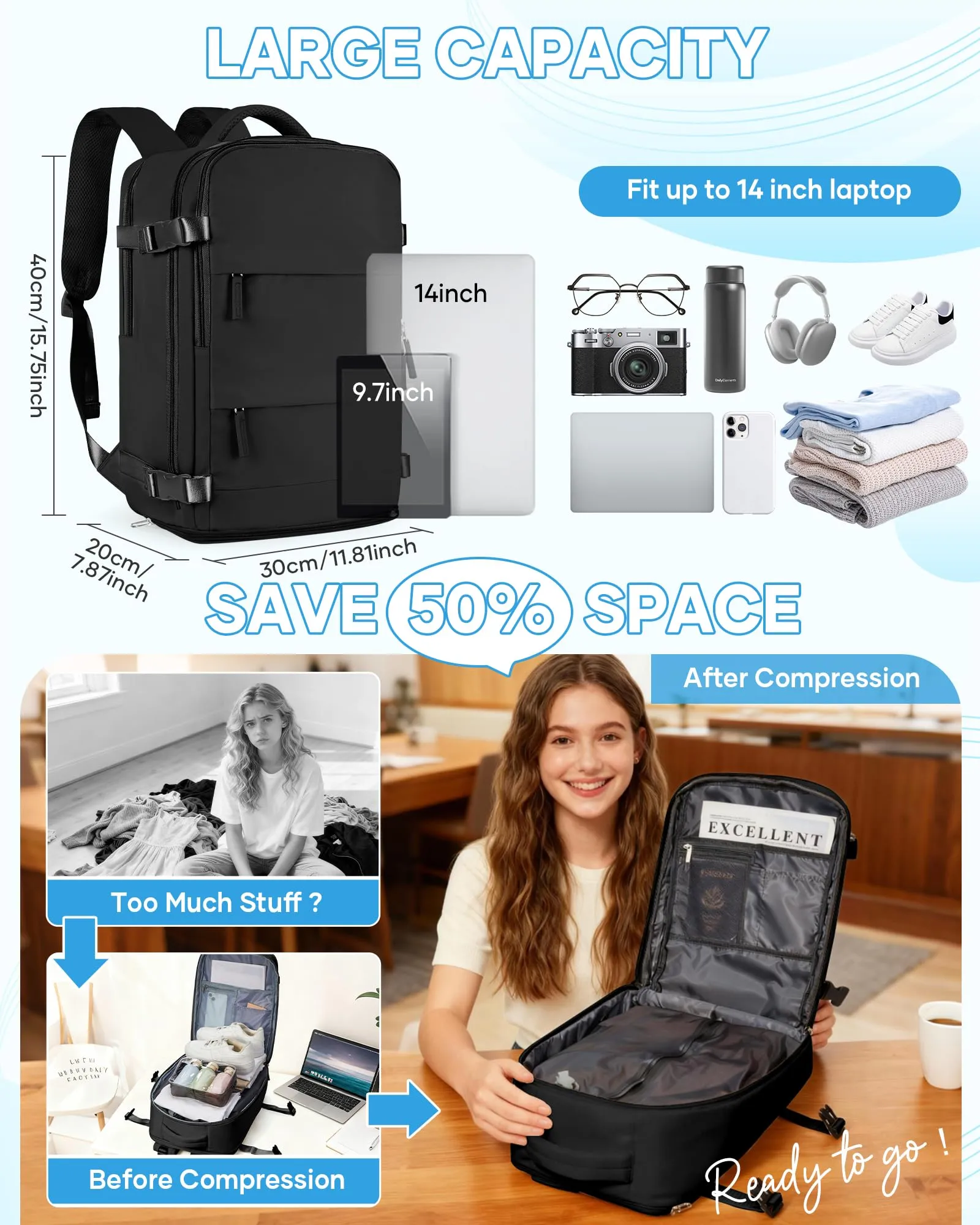 SZLX Zaino da Viaggio Sottovuoto con Pompa 40x30x20 per Ryanair, Wizzair, Easyjet, Impermeabile per Laptop 14 Pollici - immagine 5
