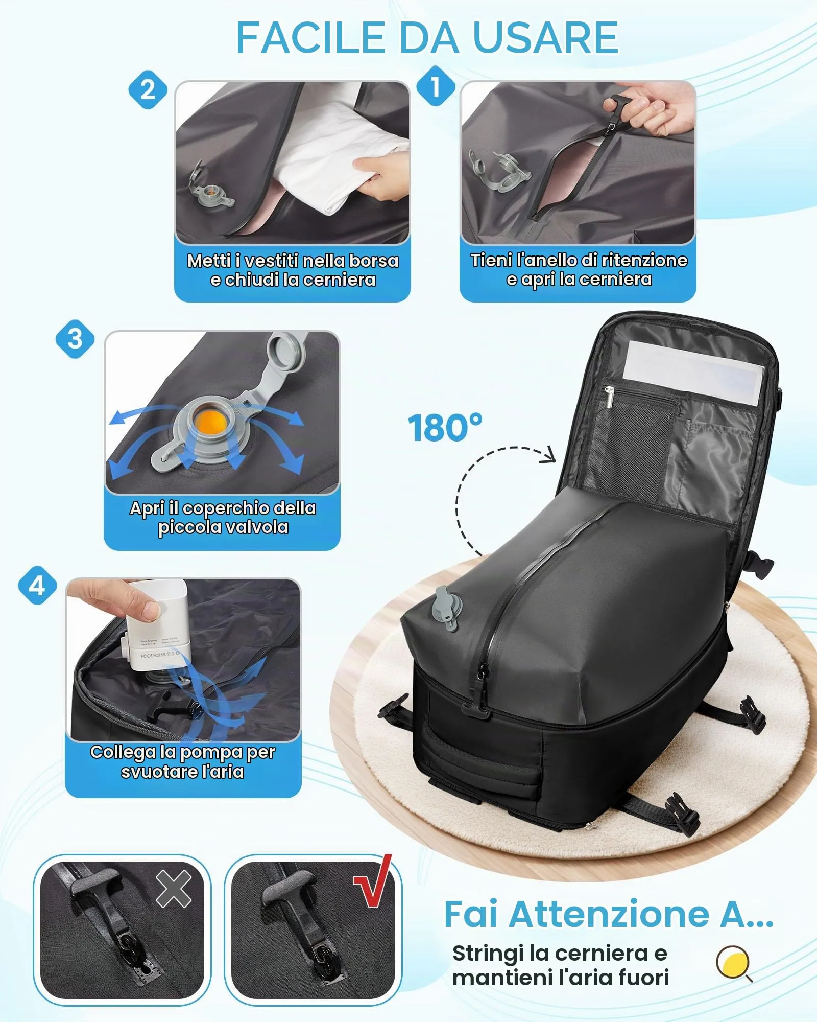 SZLX Zaino da Viaggio Sottovuoto con Pompa 40x30x20 per Ryanair, Wizzair, Easyjet, Impermeabile per Laptop 14 Pollici - immagine 6