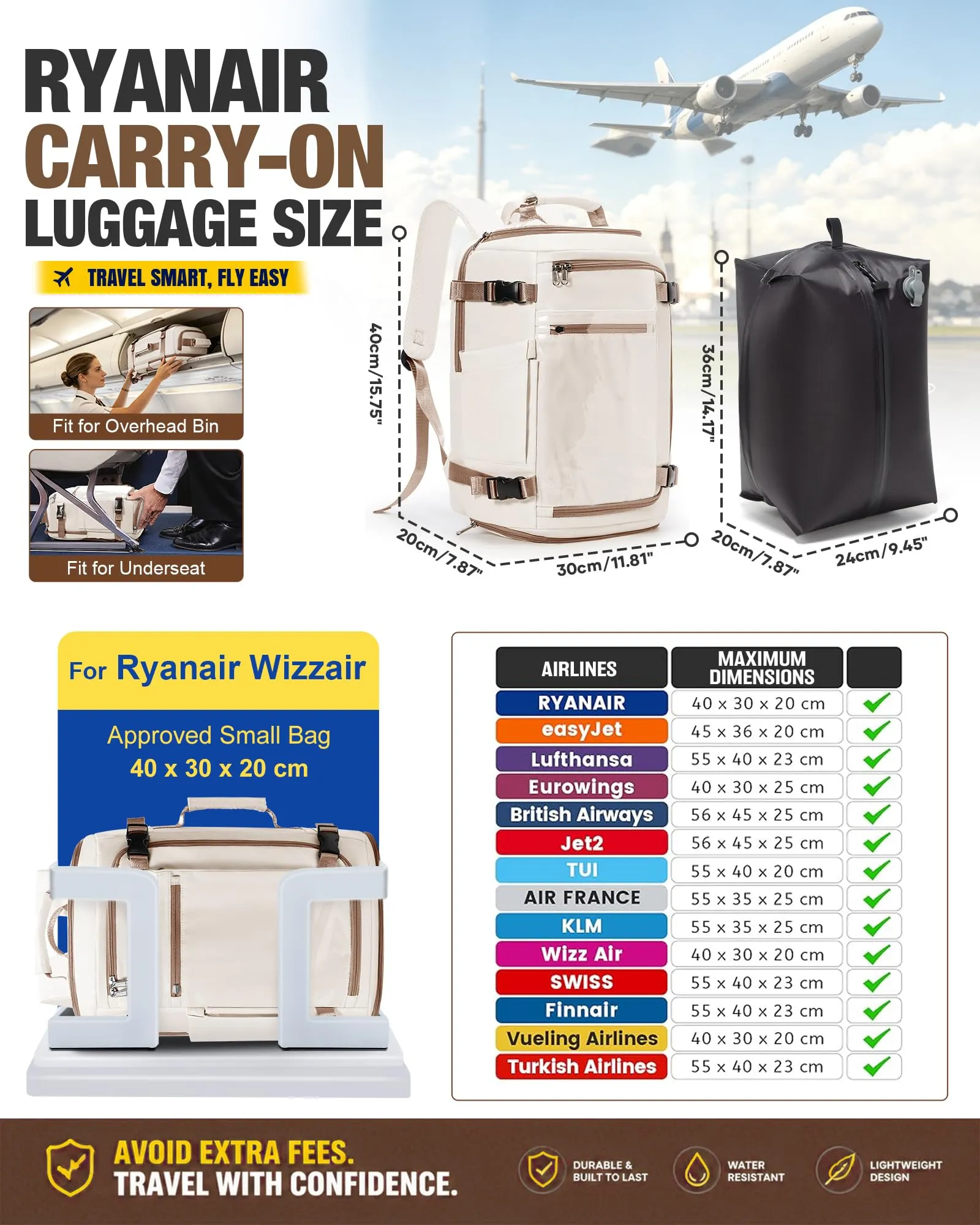 SZLX Zaino da Viaggio Sottovuoto con Pompa 40x30x20 per Ryanair, Wizzair, Easyjet, Impermeabile per Laptop 14 Pollici - immagine 4