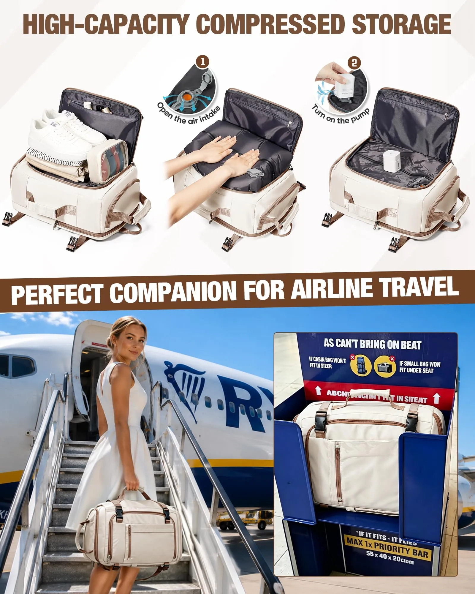 SZLX Zaino da Viaggio Sottovuoto con Pompa 40x30x20 per Ryanair, Wizzair, Easyjet, Impermeabile per Laptop 14 Pollici - immagine 5