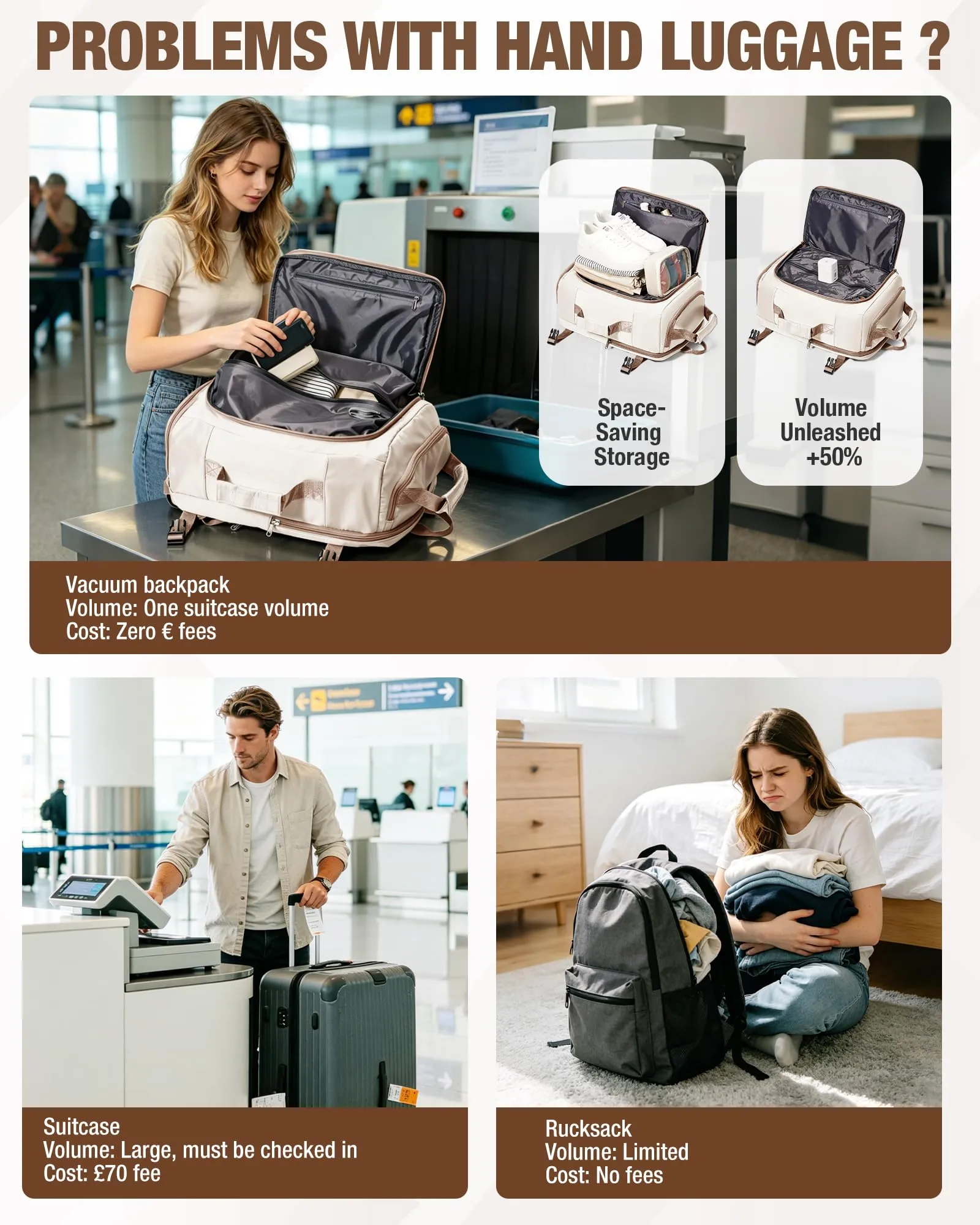 SZLX Zaino da Viaggio Sottovuoto con Pompa 40x30x20 per Ryanair, Wizzair, Easyjet, Impermeabile per Laptop 14 Pollici - immagine 8