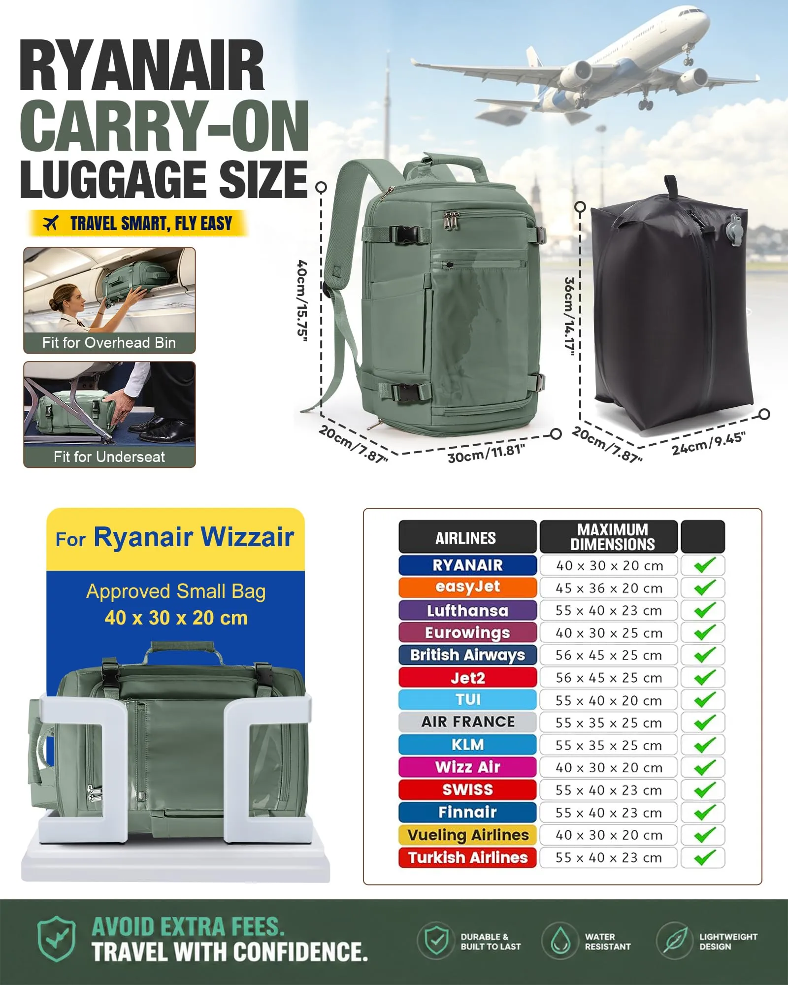 SZLX Zaino da Viaggio Sottovuoto con Pompa 40x30x20 per Ryanair Wizzair Easyjet, Impermeabile per Laptop 14 Pollici - immagine 4