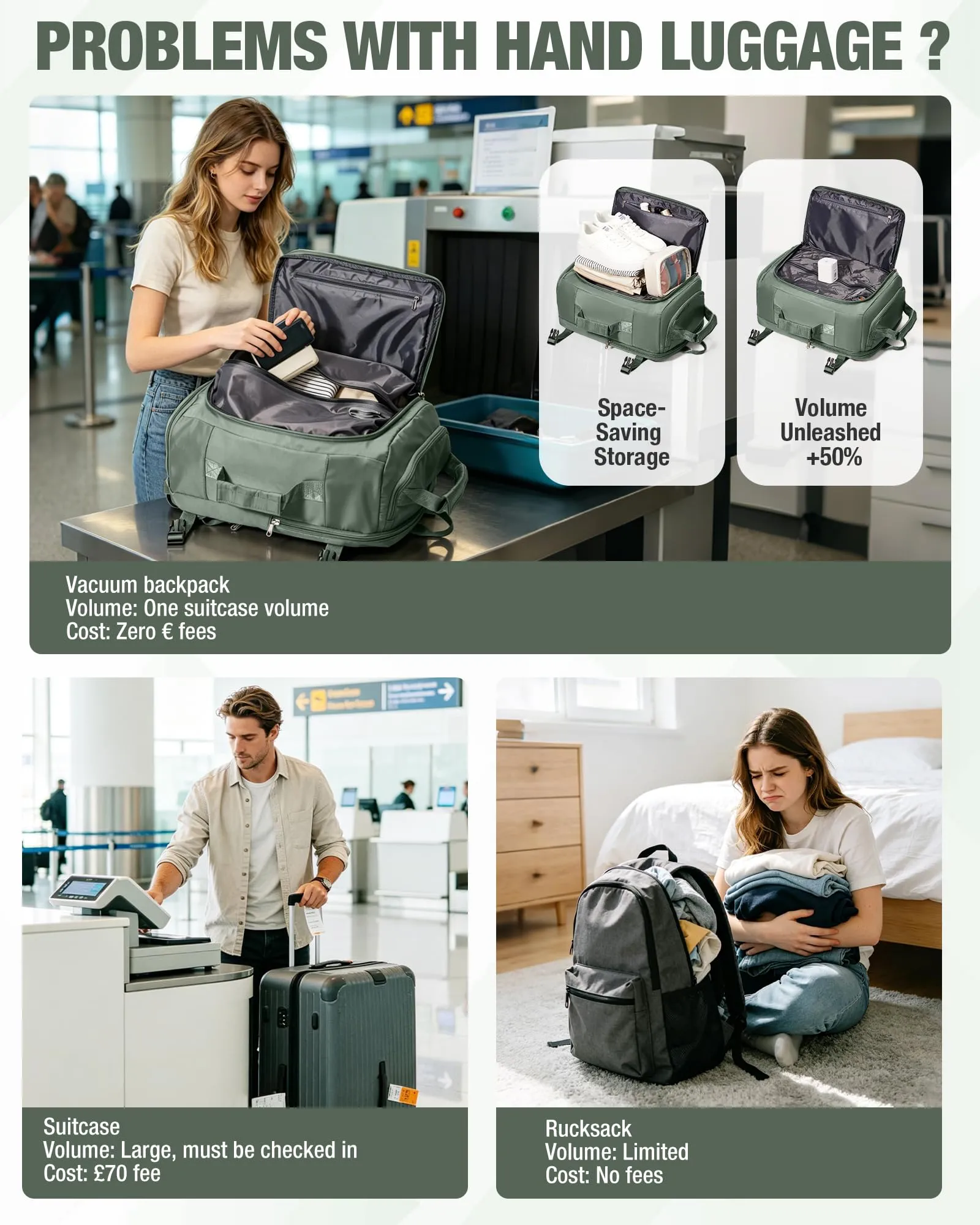 SZLX Zaino da Viaggio Sottovuoto con Pompa 40x30x20 per Ryanair Wizzair Easyjet, Impermeabile per Laptop 14 Pollici - immagine 5