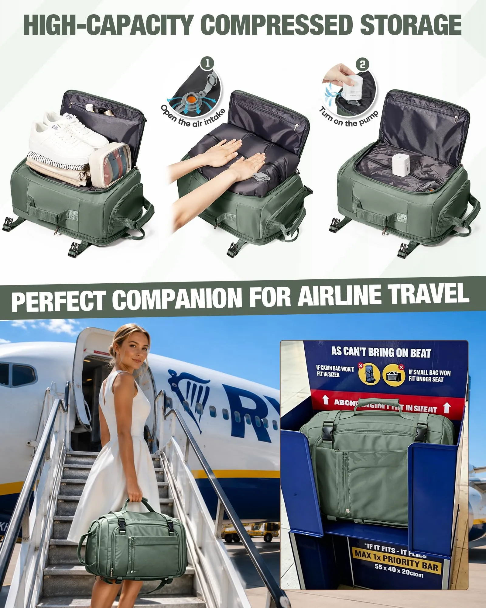SZLX Zaino da Viaggio Sottovuoto con Pompa 40x30x20 per Ryanair Wizzair Easyjet, Impermeabile per Laptop 14 Pollici - immagine 6