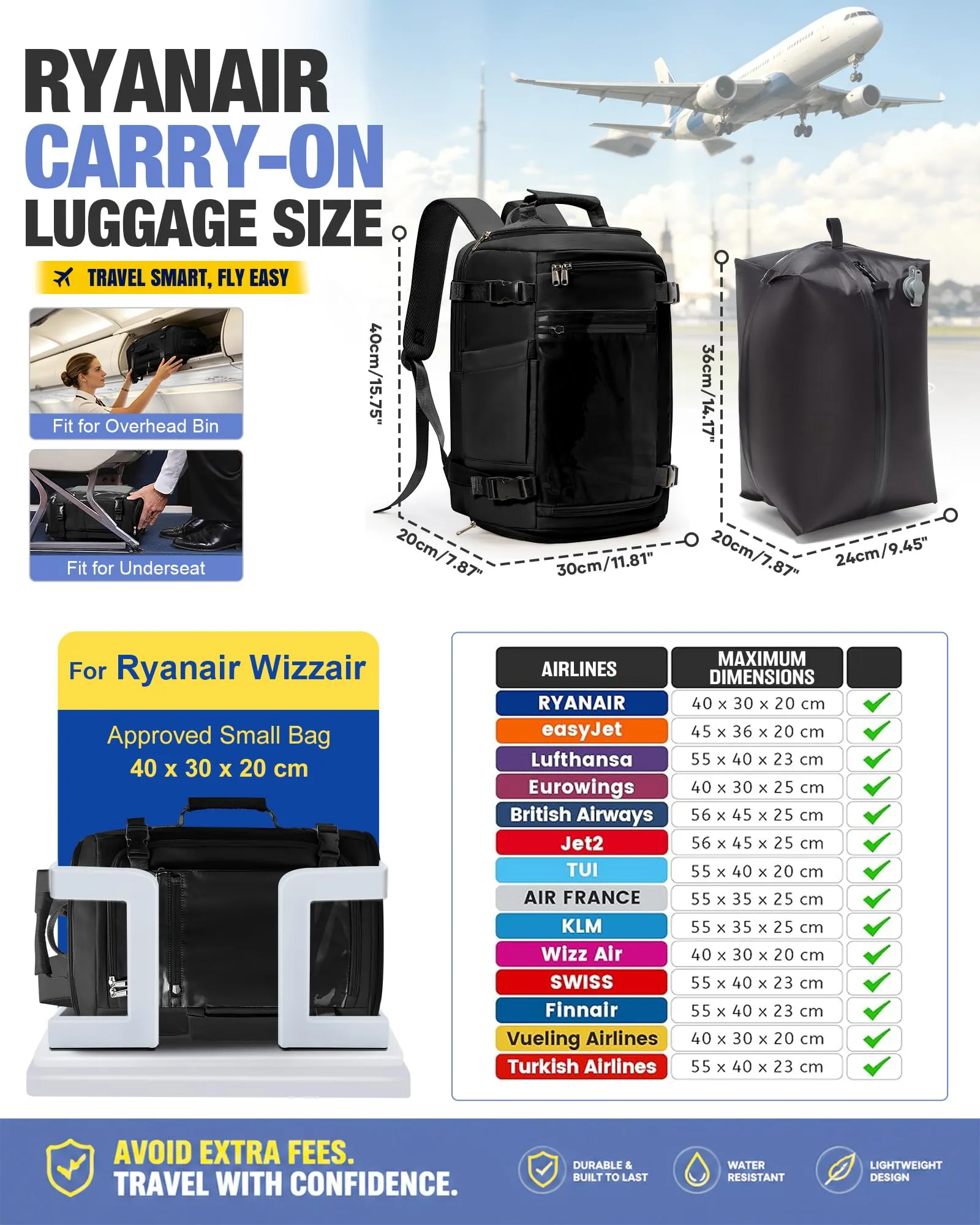 SZLX Zaino da Viaggio Sottovuoto con Pompa 40x30x20 per Ryanair, Wizzair, Easyjet, Impermeabile per Laptop 14 Pollici - immagine 4