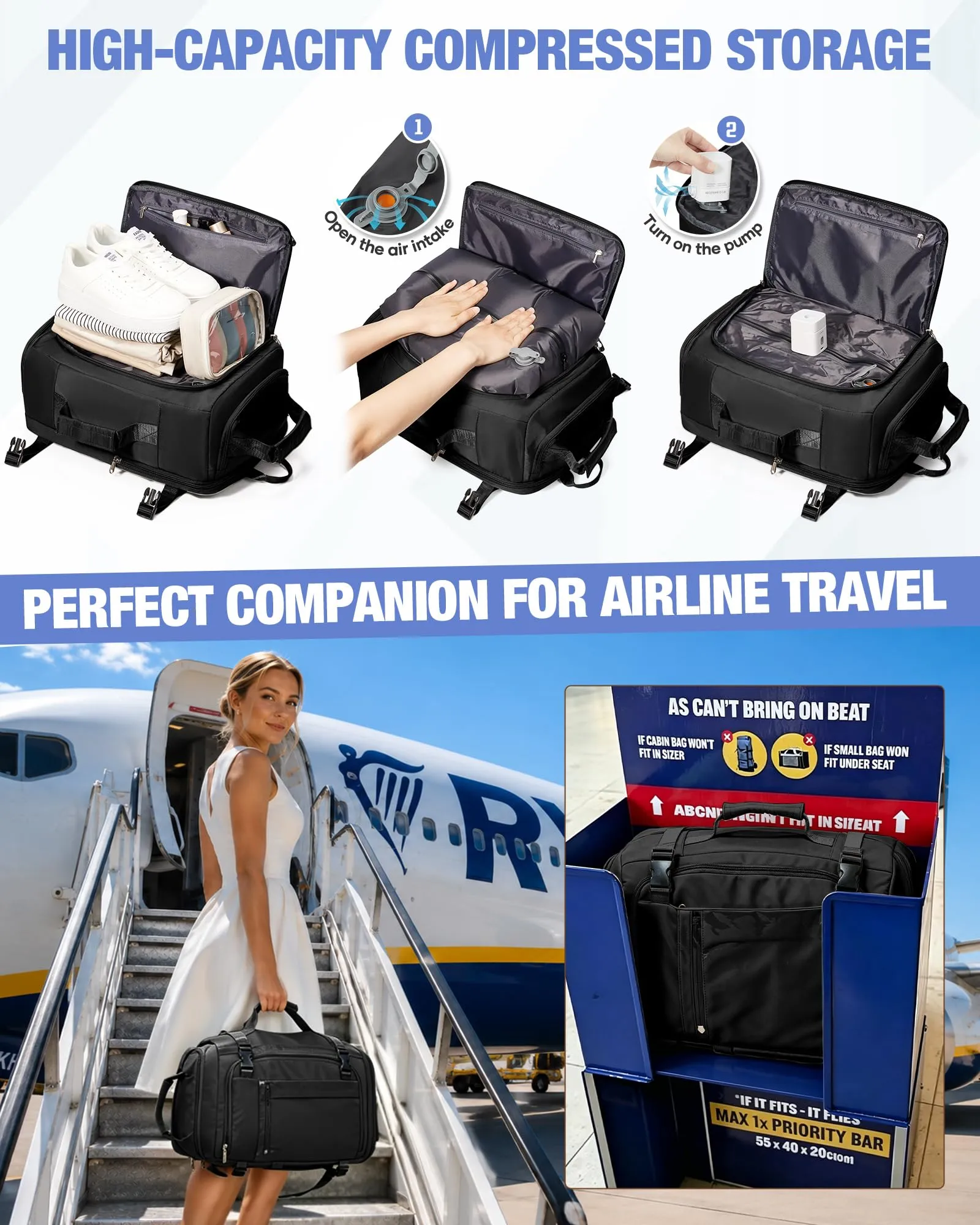 SZLX Zaino da Viaggio Sottovuoto con Pompa 40x30x20 per Ryanair, Wizzair, Easyjet, Impermeabile per Laptop 14 Pollici - immagine 5