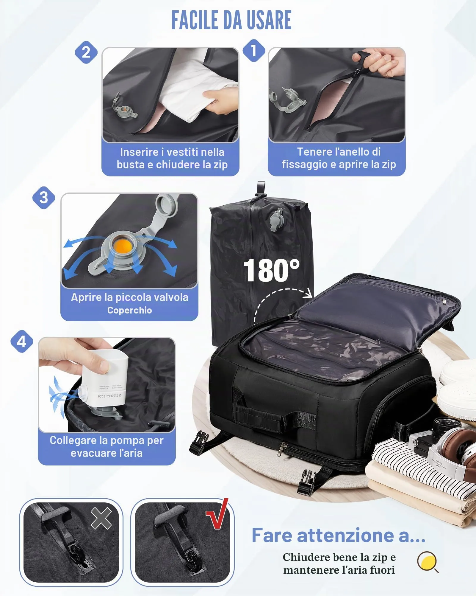 SZLX Zaino da Viaggio Sottovuoto con Pompa 40x30x20 per Ryanair, Wizzair, Easyjet, Impermeabile per Laptop 14 Pollici - immagine 6